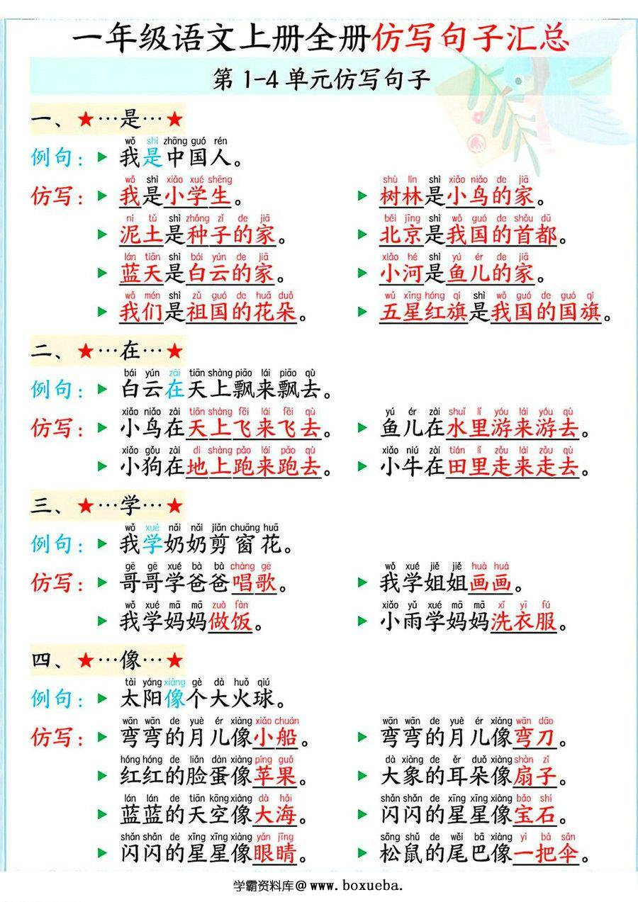 一年级语文上册1-8单元仿写句子汇总，5页PDF电子版-博学霸资料网