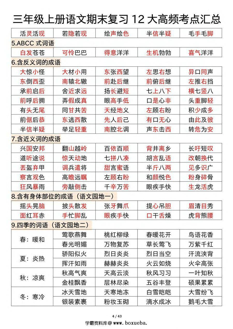 图片[2]-三年级上册语文期末复习12大高频考点汇总，43页PDF电子版-淘学学资料库