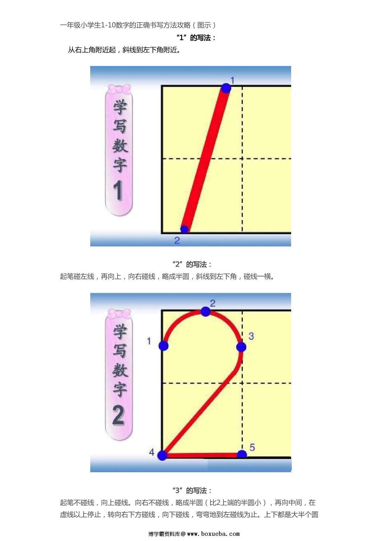 1-10数字的正确书写方法攻略，5页PDF电子版-博学霸资料网