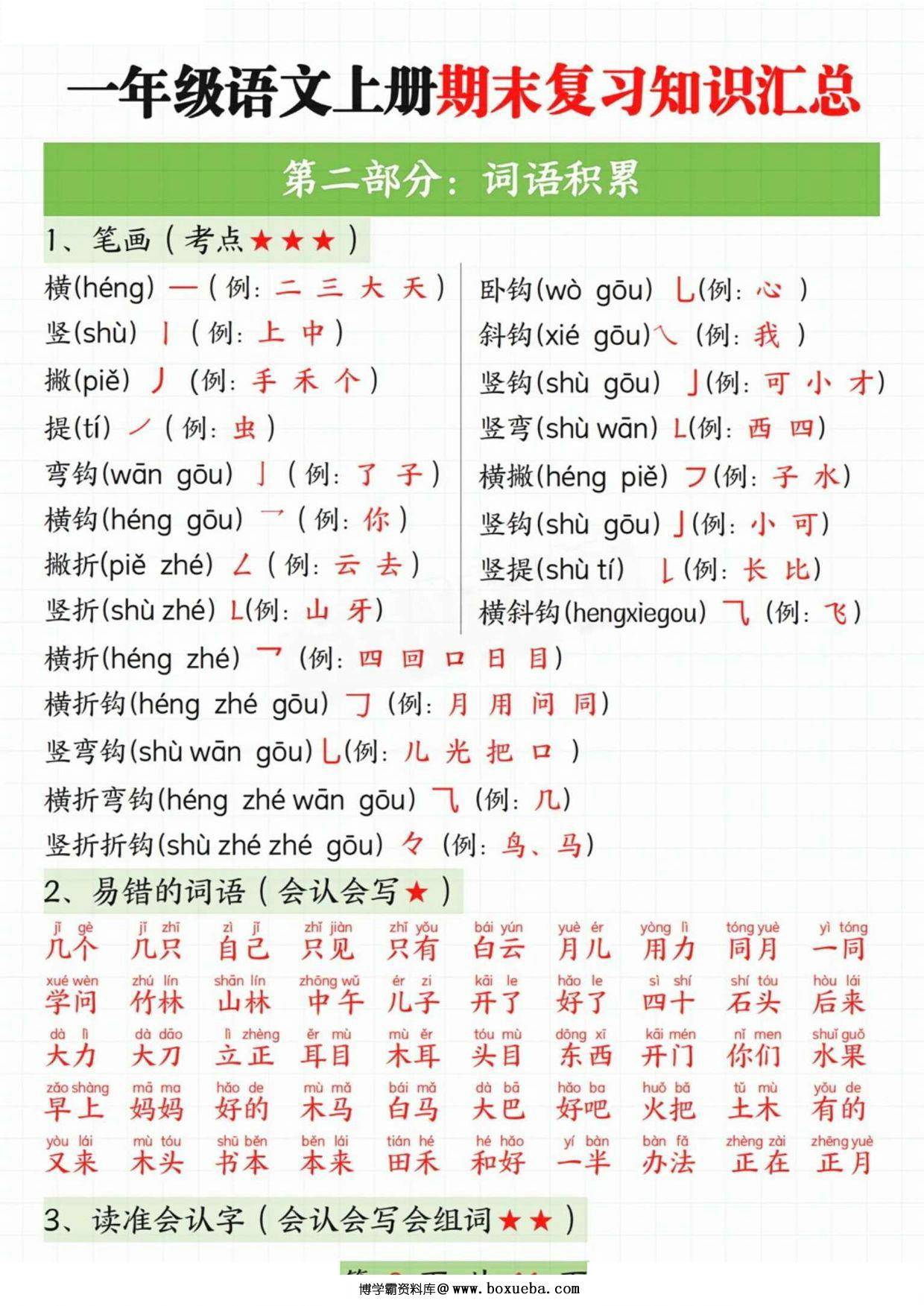 一年级语文上册期末复习知识汇总，11页PDF电子版-博学霸资料网