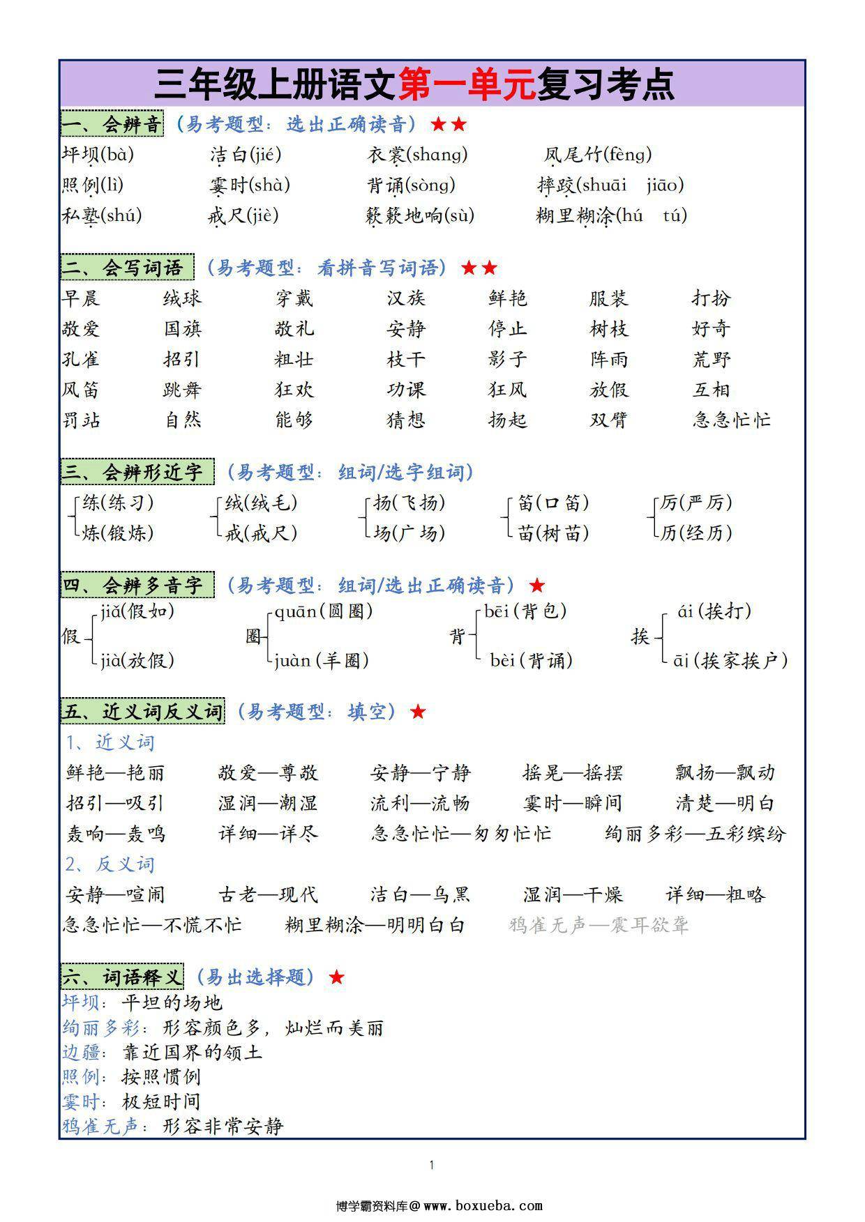 三年级上册语文1-8单元复习考点大总结，25页PDF电子版-博学霸资料网