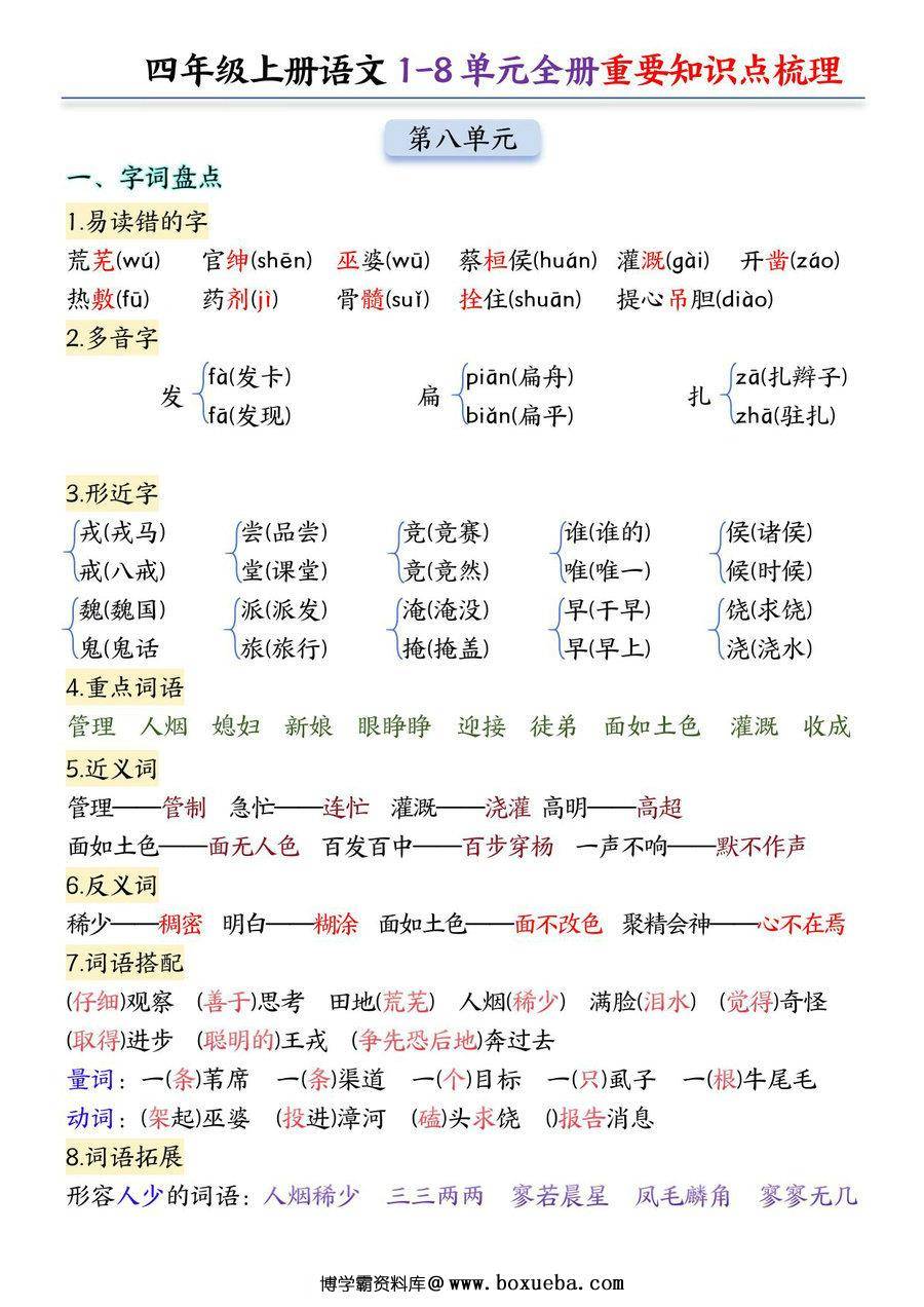 图片[3]-四年级上册语文1-8单元全册重要知识点梳理，24页PDF电子版-淘学学资料库