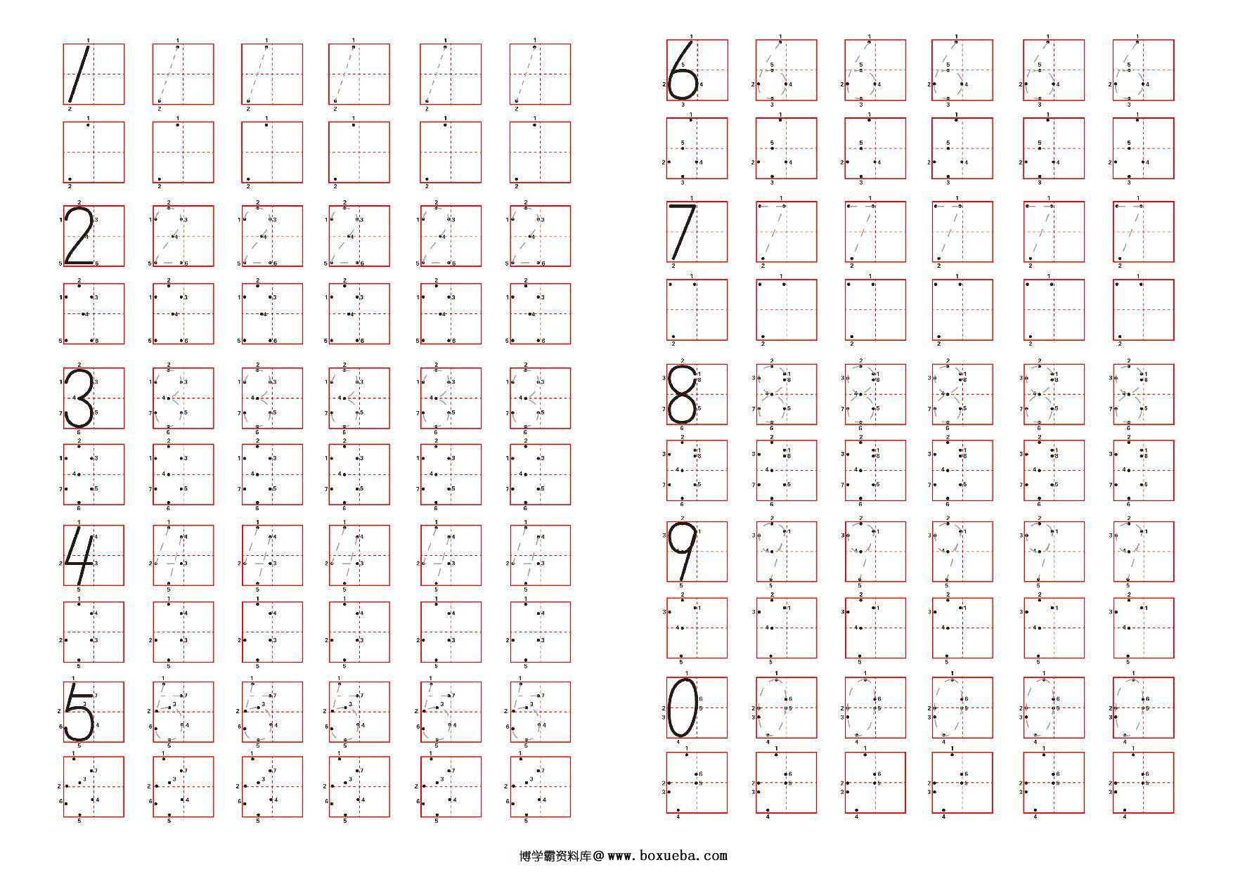 1-10点阵数字字帖描红，1页PDF可打印-博学霸资料网