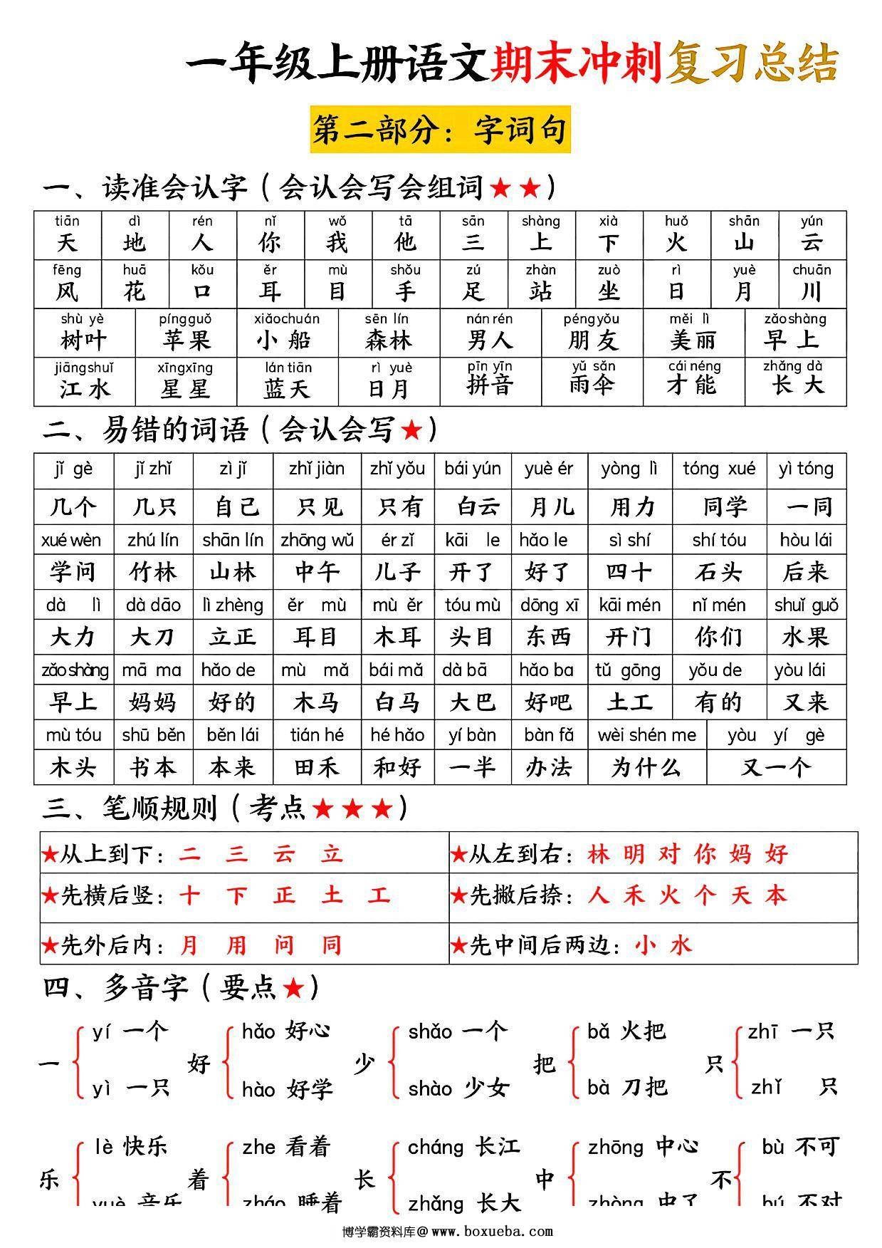 图片[2]-一年级上册语文期末冲刺复习总结，10页PDF可打印-淘学学资料库