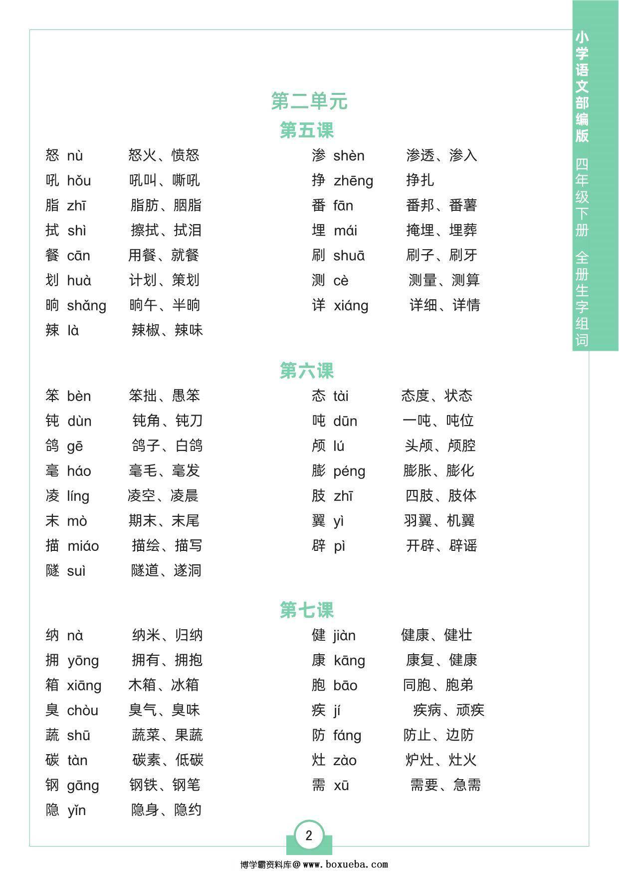 图片[2]-四年级下册语文全册生字组词，8页pdf可打印-淘学学资料库