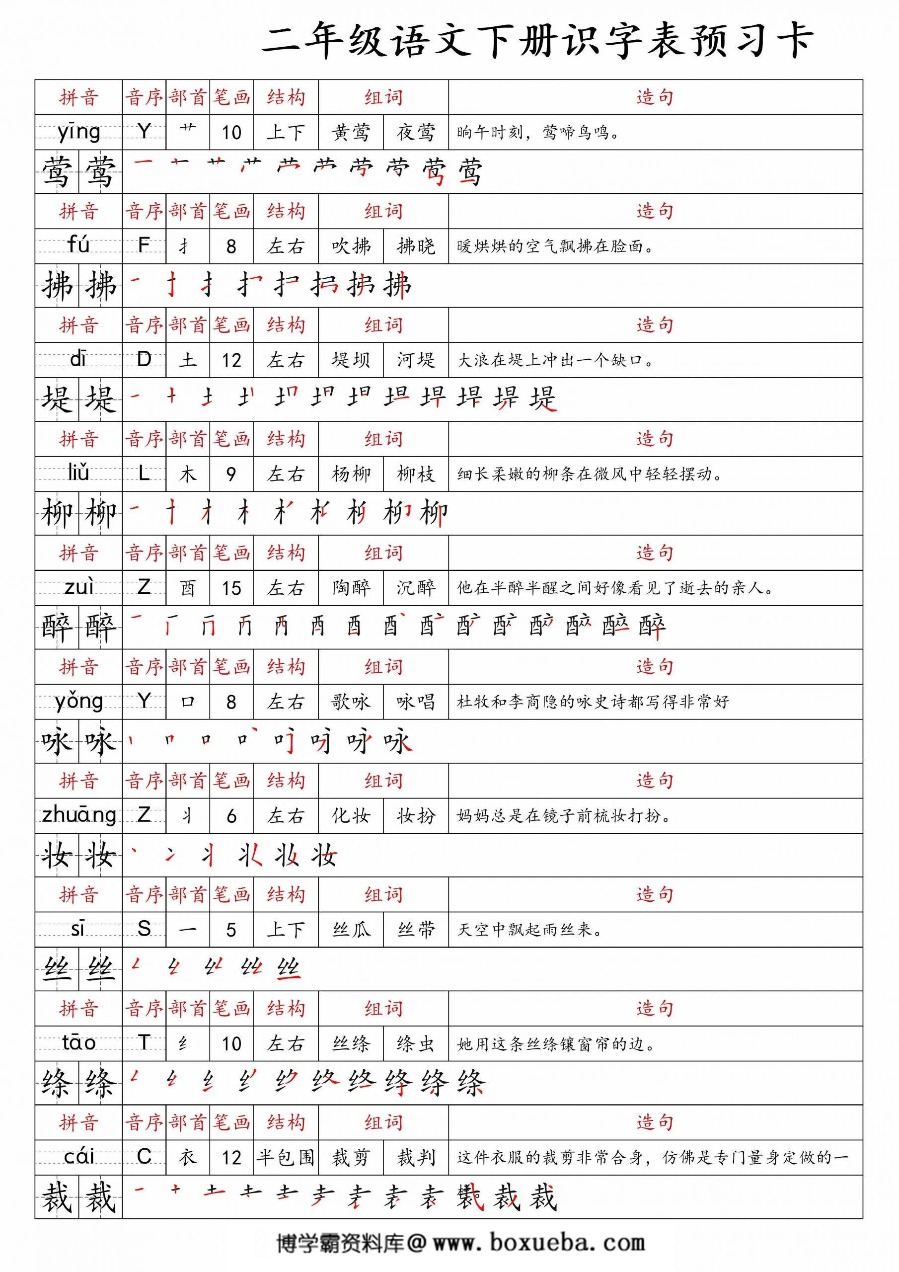 二年级语文下册识字表预习卡，47页PDF可打印-博学霸资料网