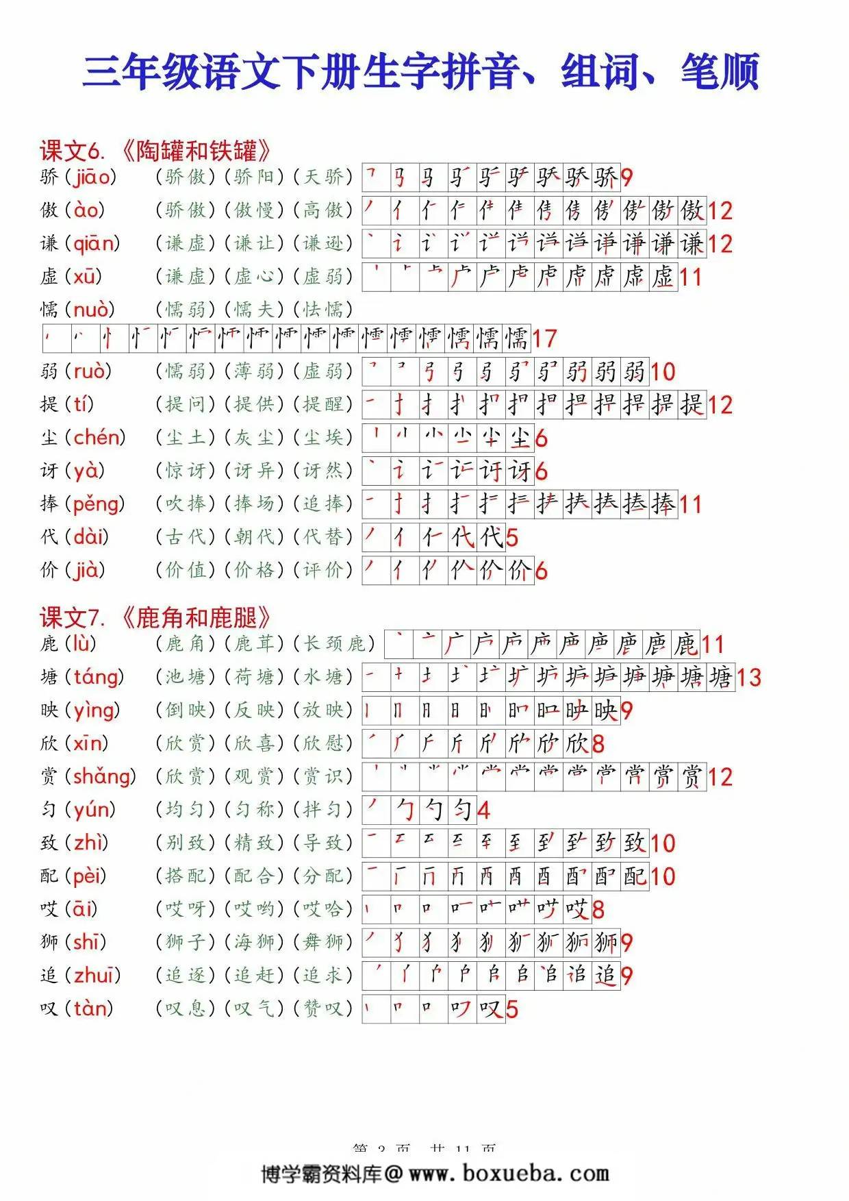 图片[3]-三年级下册语文课课贴生字拼音组词笔顺，11页PDF电子版-淘学学资料库