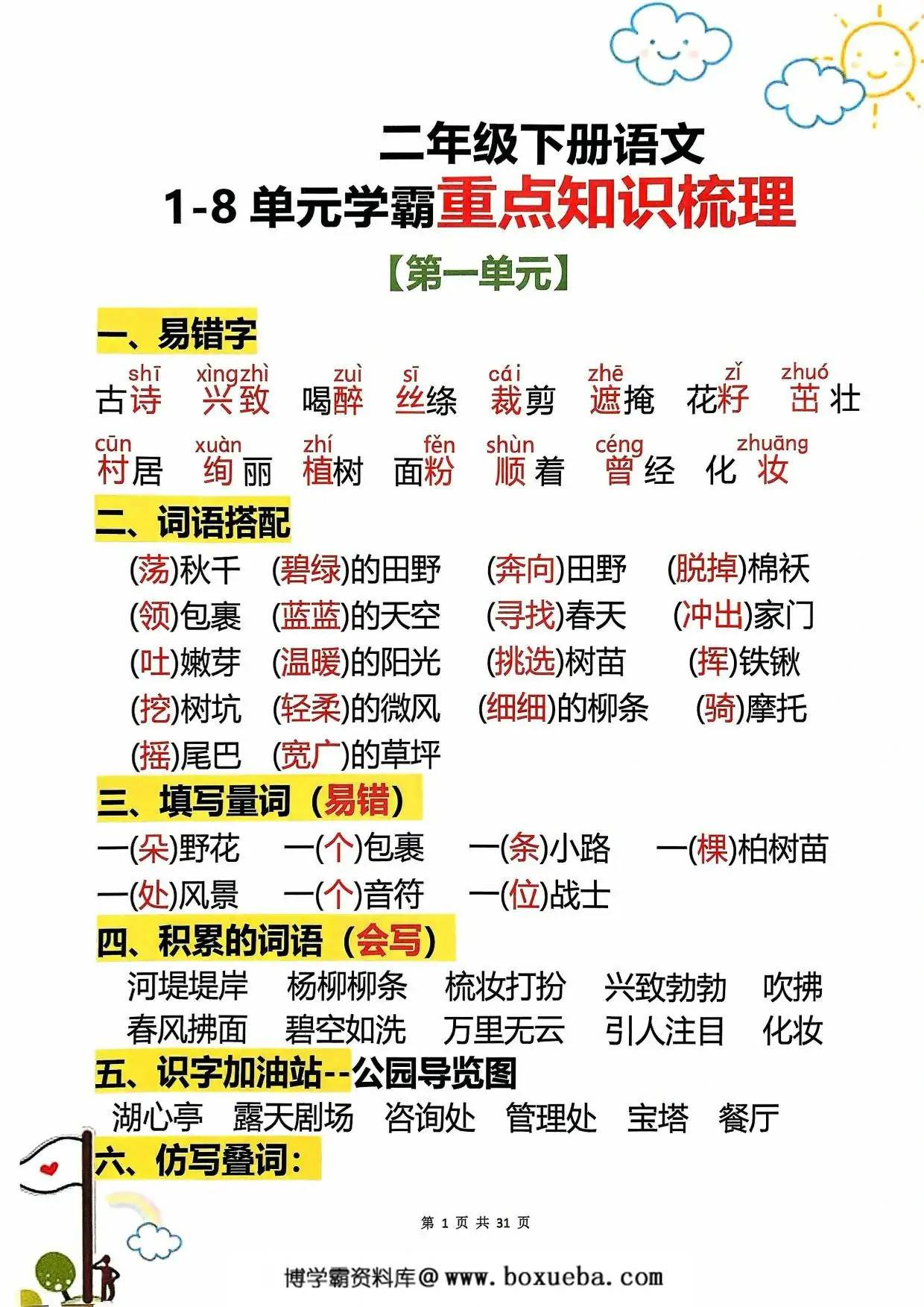 二年级下册语文1-8单元学霸重点知识梳理，31页PDF可打印-博学霸资料网