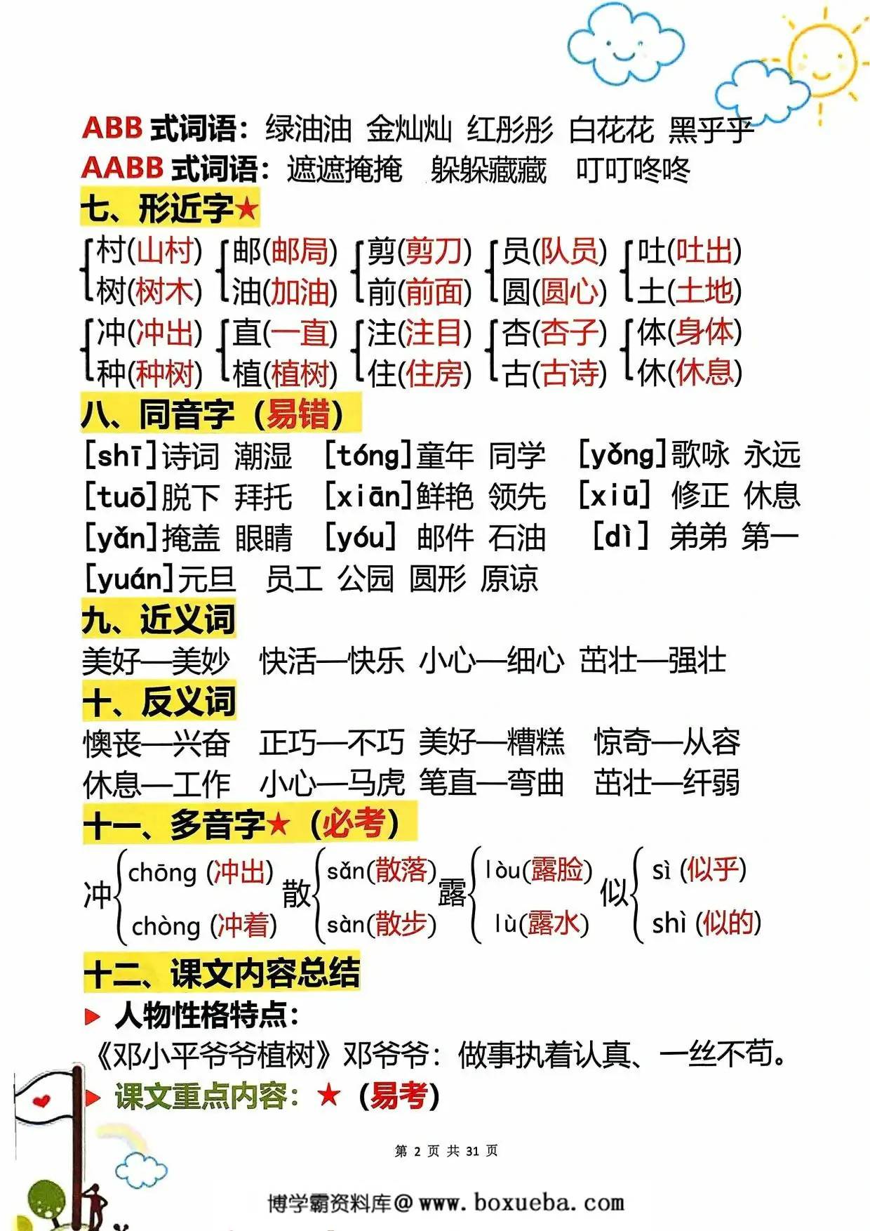图片[2]-二年级下册语文1-8单元学霸重点知识梳理，31页PDF可打印-淘学学资料库