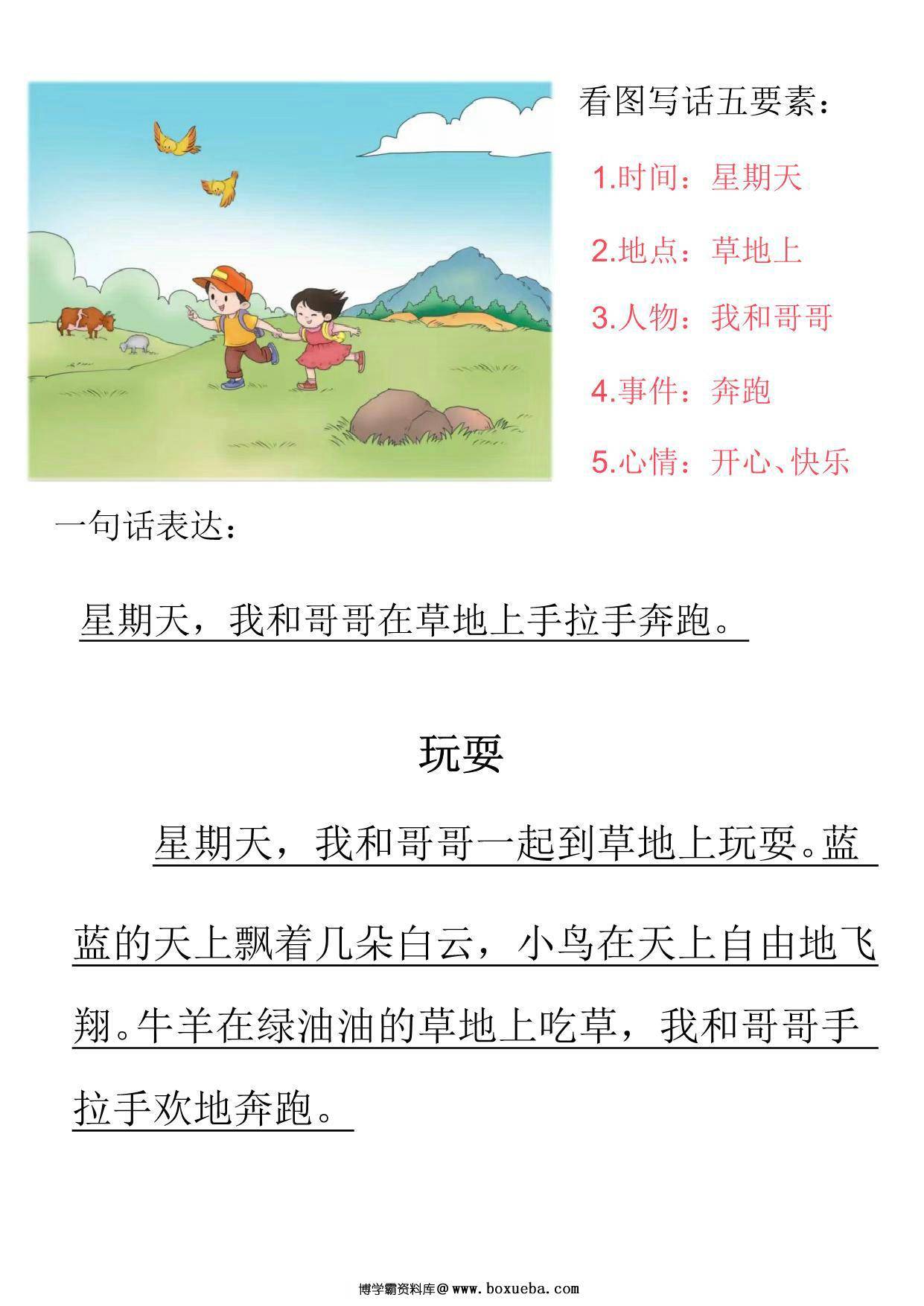 [4.30修正版]一年级看图写话五要素专项训练，空白版+范文版，20页PDF电子版-博学霸资料网