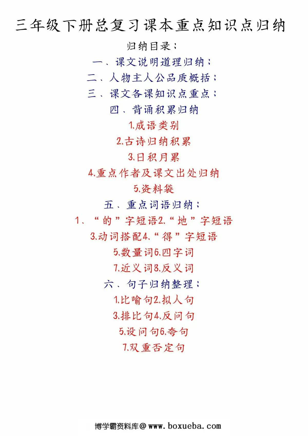 三年级下册语文总复习课本重点知识点归纳，38页PDF可打印-博学霸资料网