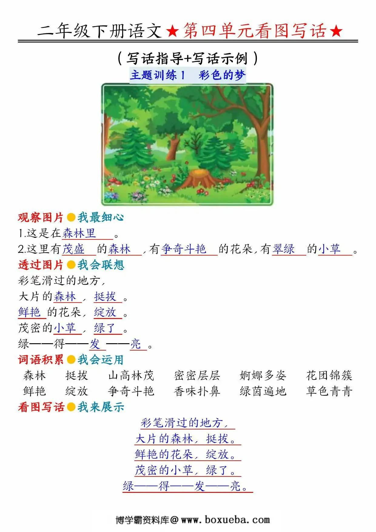 二年级下册语文第四单元看图写话指导与范文（范文+练习12页），PDF可打印-博学霸资料网