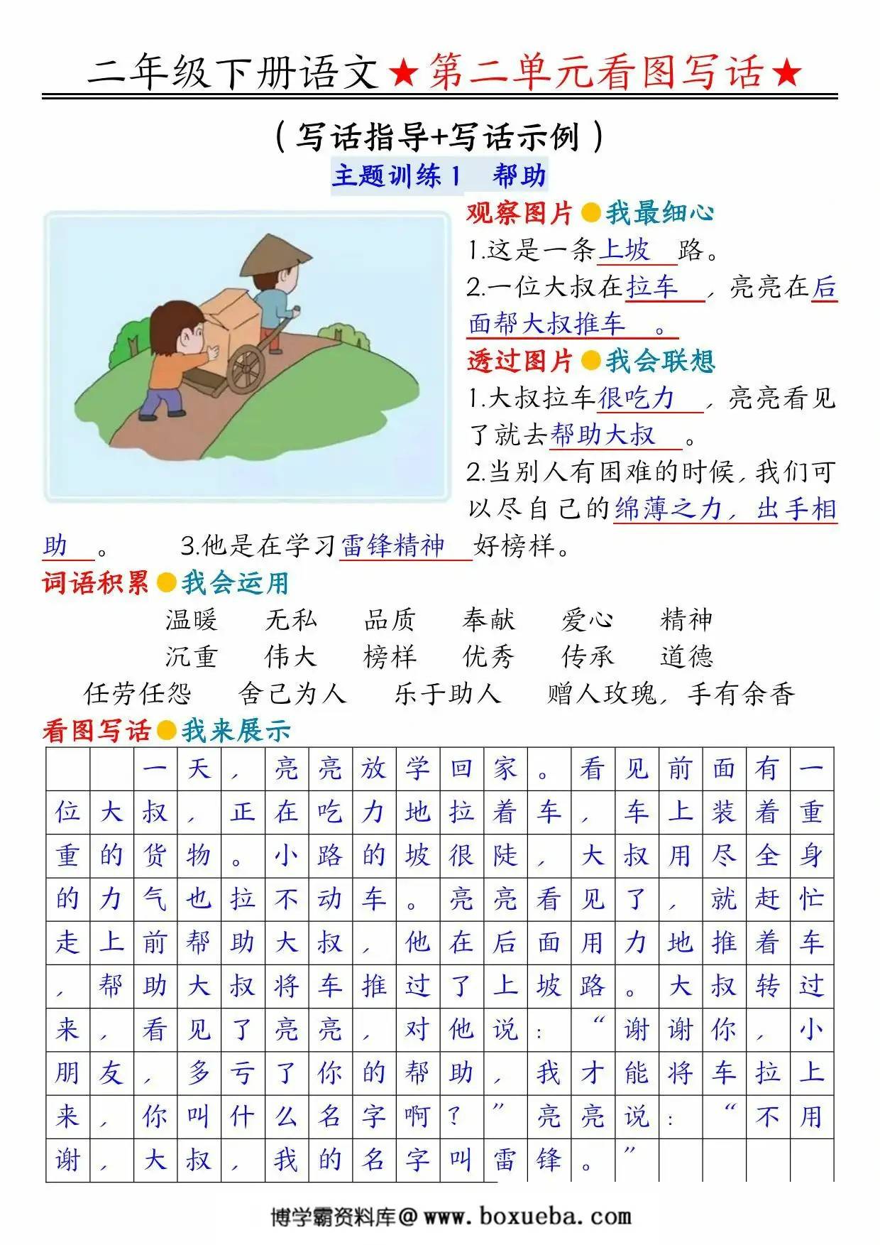 二年级下册语文第二单元看图写话指导与范文（范文+练习8页），PDF可打印-博学霸资料网