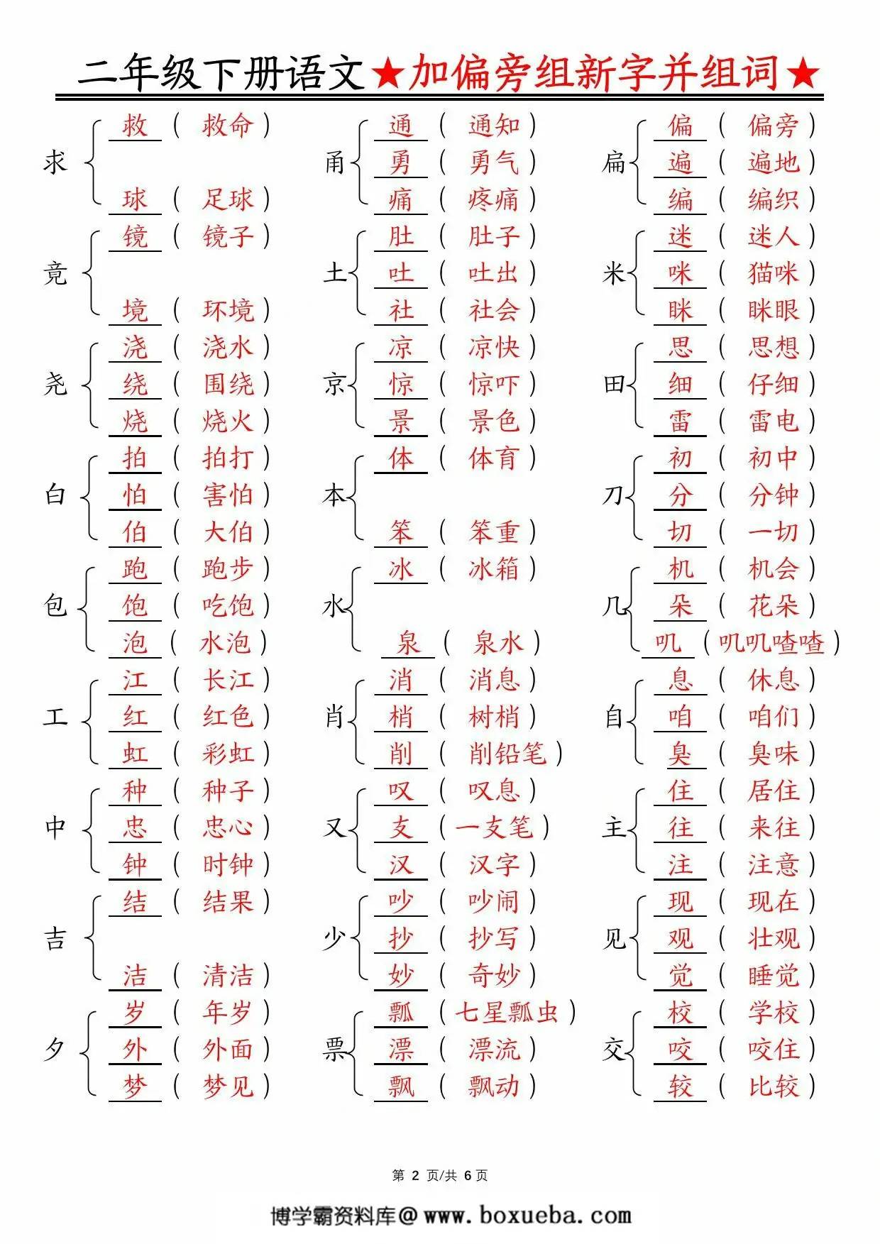 图片[2]-二年级下册语文加偏旁部首组新字并组词，12页PDF电子版-淘学学资料库