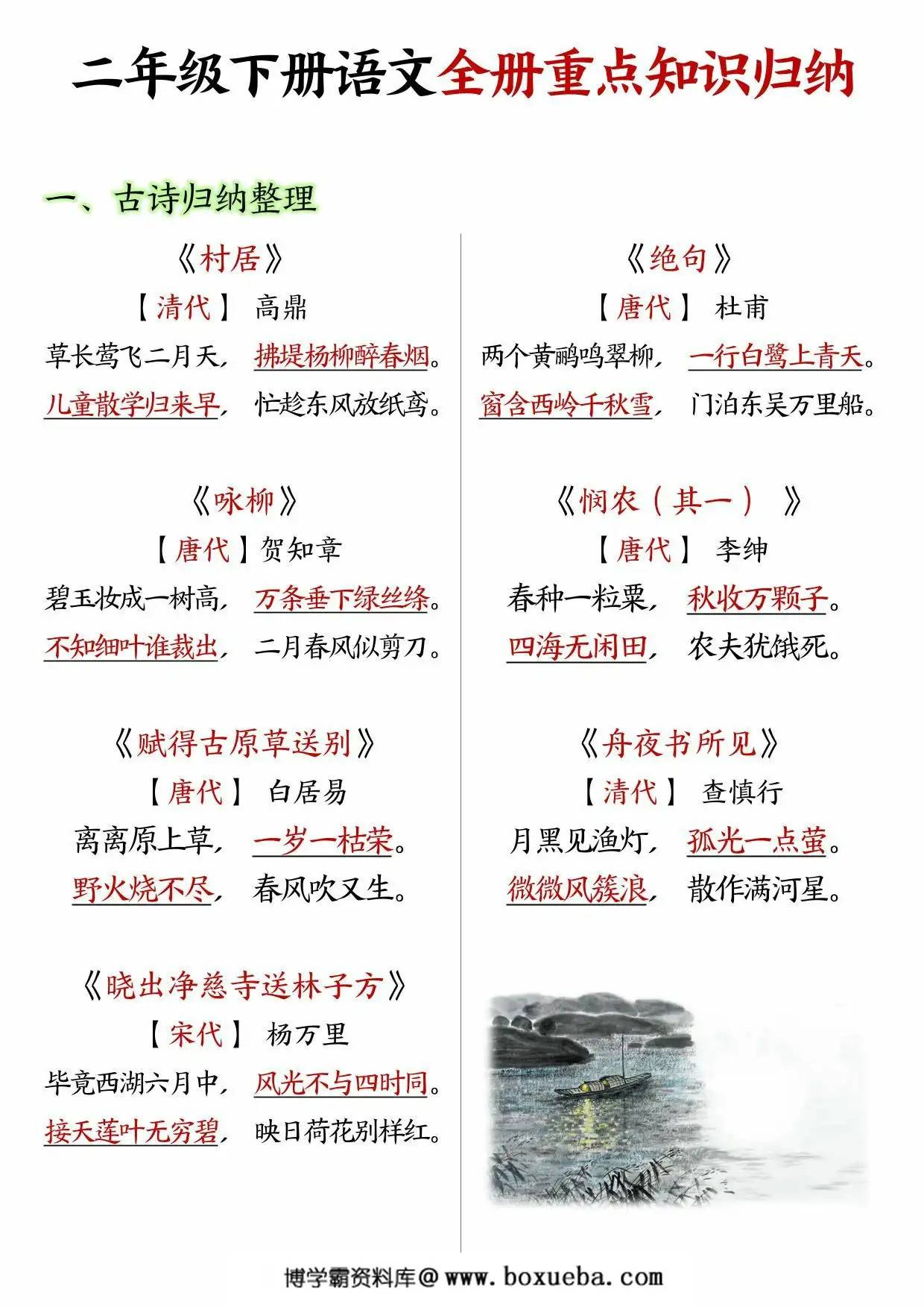 二年级下册语文全册重点知识归纳，12页PDF电子版-博学霸资料网