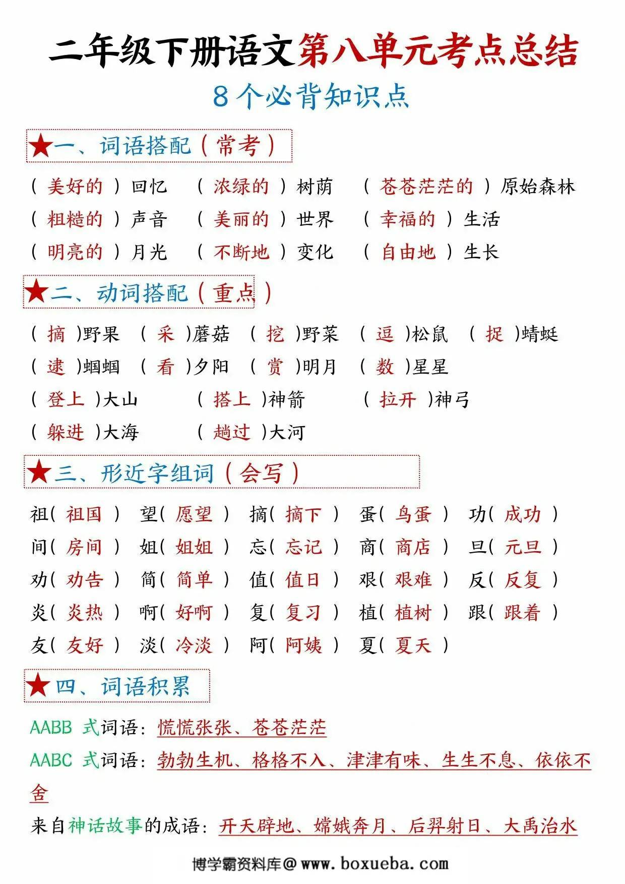 二年级下册语文第八单元考点总结 – 8个必背知识点，4页PDF可打印-博学霸资料网
