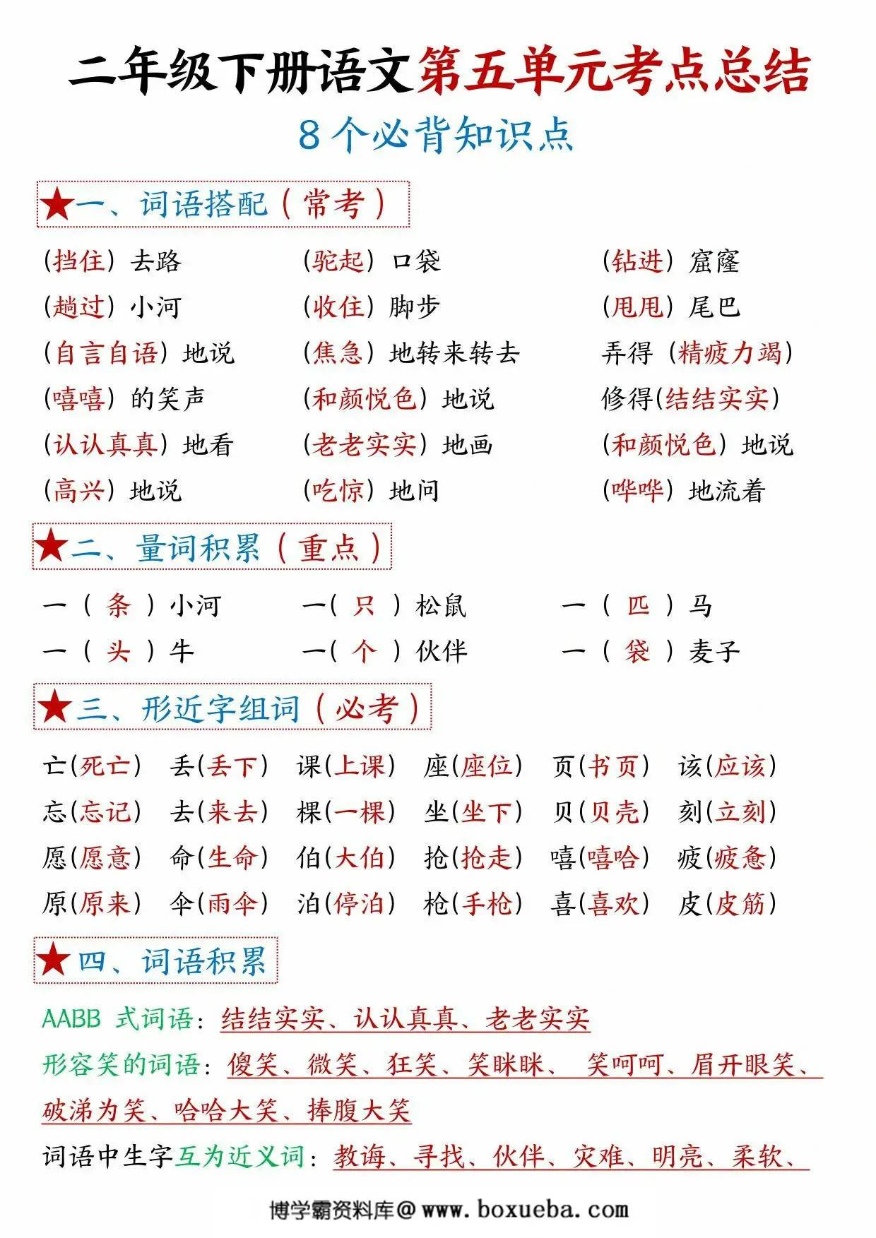 二年级下册语文第五单元考点总结 – 8个必背知识点，6页PDF电子版-博学霸资料网