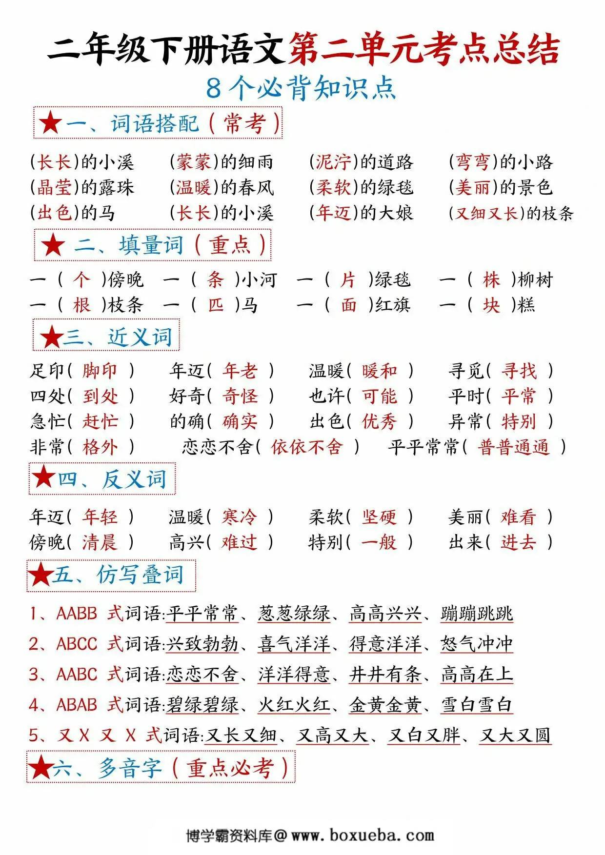 二年级下册语文第二单元考点总结 – 8个必背知识点，4页PDF可打印-博学霸资料网