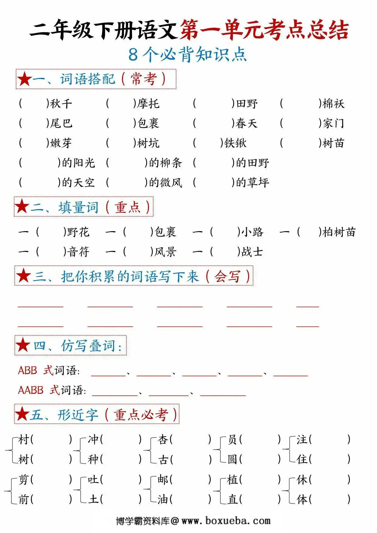图片[3]-二年级下册语文第一单元考点总结 – 8个必背知识点，4页PDF电子版-淘学学资料库