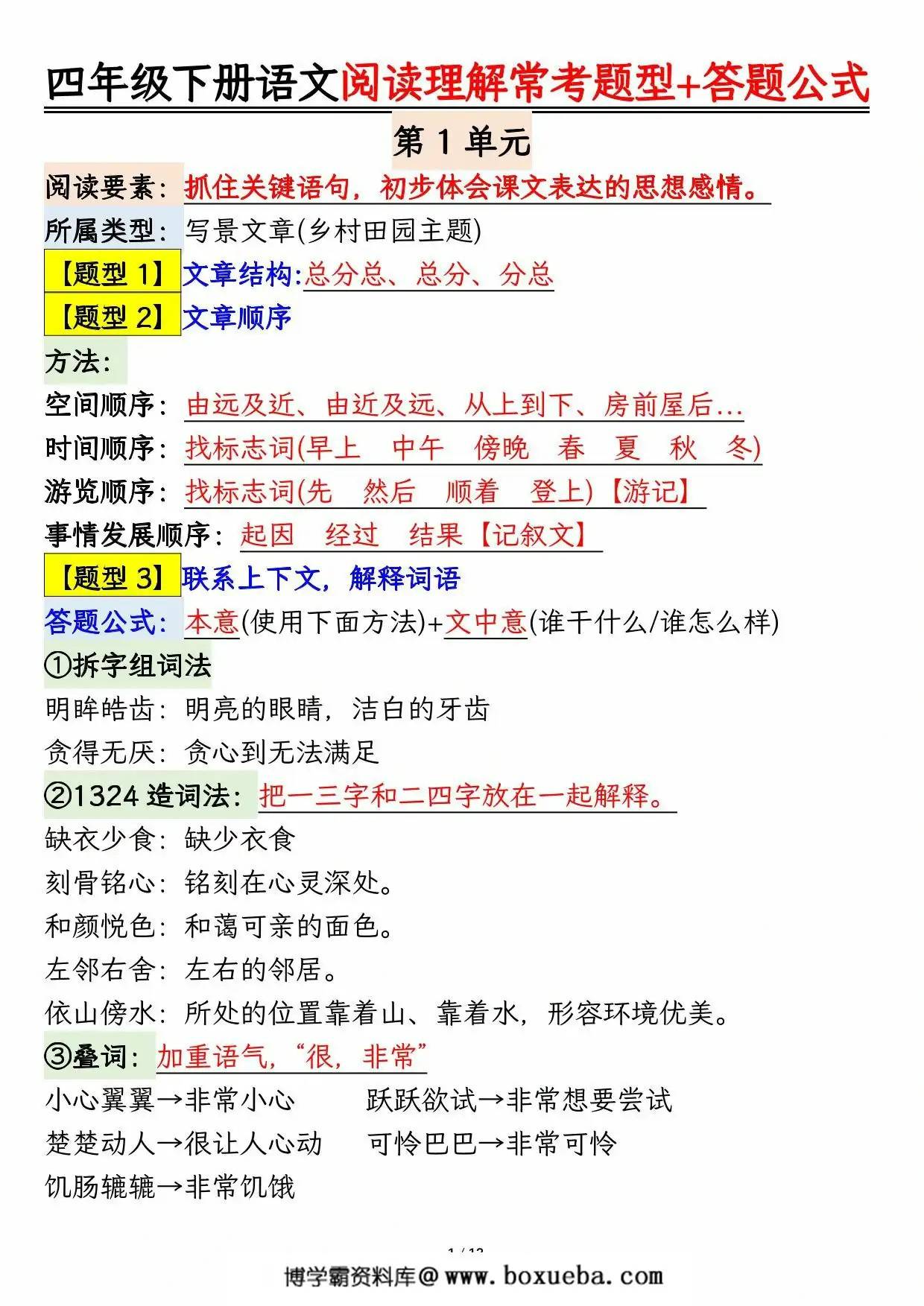 四年级下册语文阅读理解常考题型+答题公式，13页PDF可打印-博学霸资料网