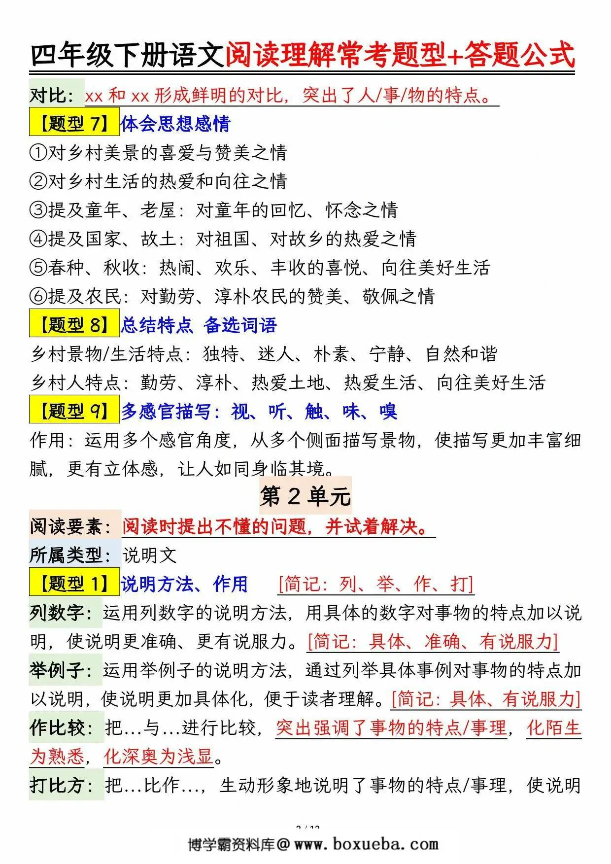 图片[3]-四年级下册语文阅读理解常考题型+答题公式，13页PDF可打印-淘学学资料库