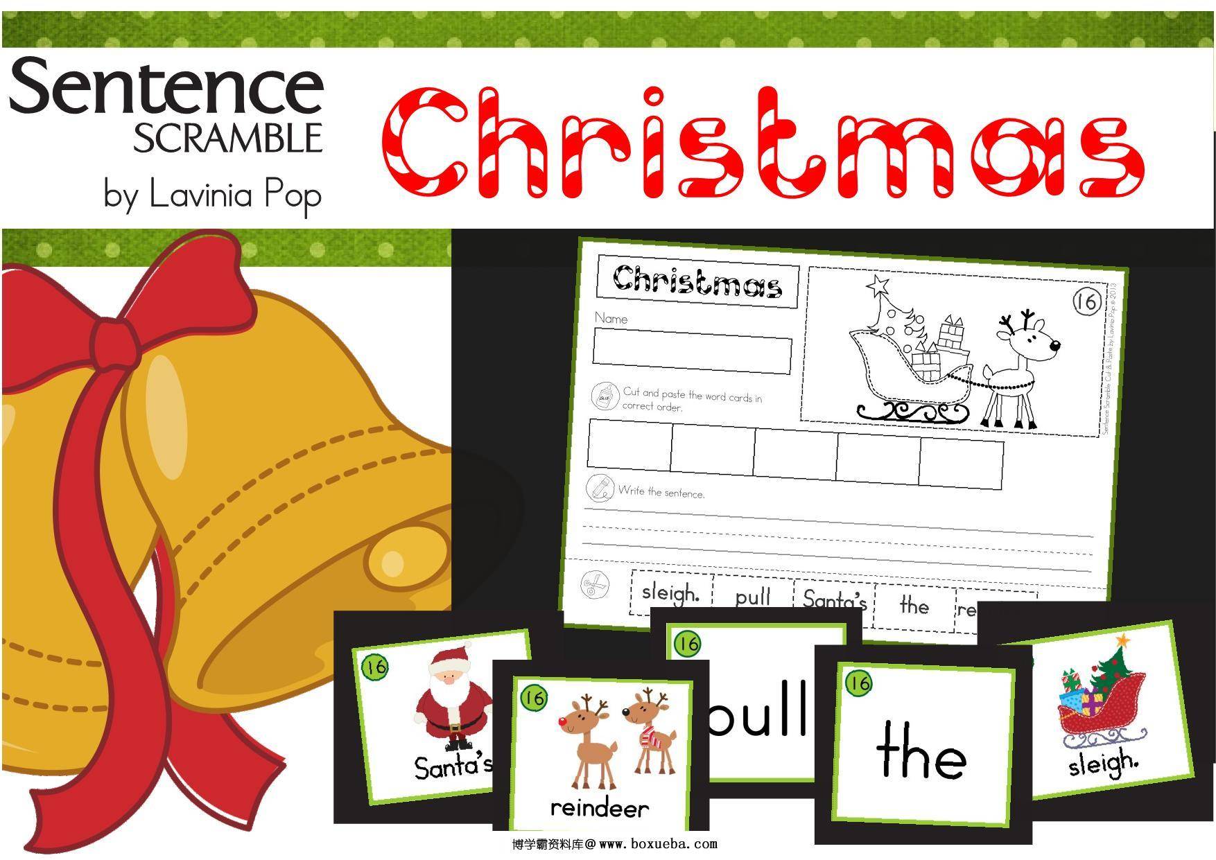 圣诞主题互动书，Christmas Sentence Scramble with Cut and Paste Worksheets，59页PDF-博学霸资料网