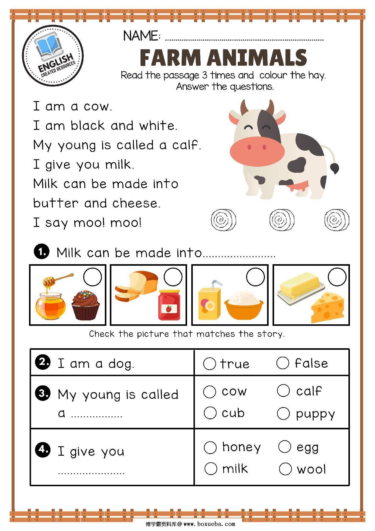 可爱农场动物作业纸，12页PDF电子版-博学霸资料网
