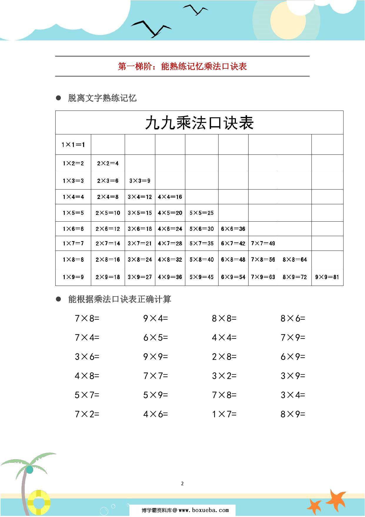 图片[2]-二年级数学上册乘法口诀表识记攻略 5页PDF-淘学学资料库