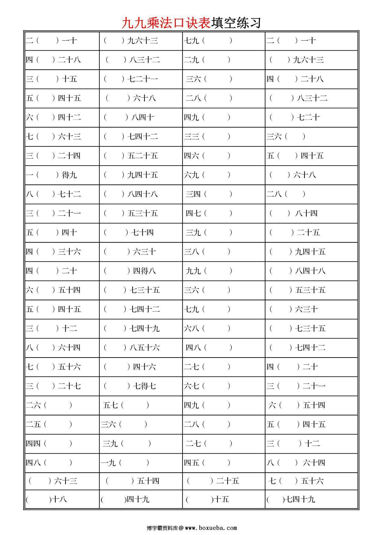 九九乘法口诀表填空练习，3页PDF电子版-博学霸资料网
