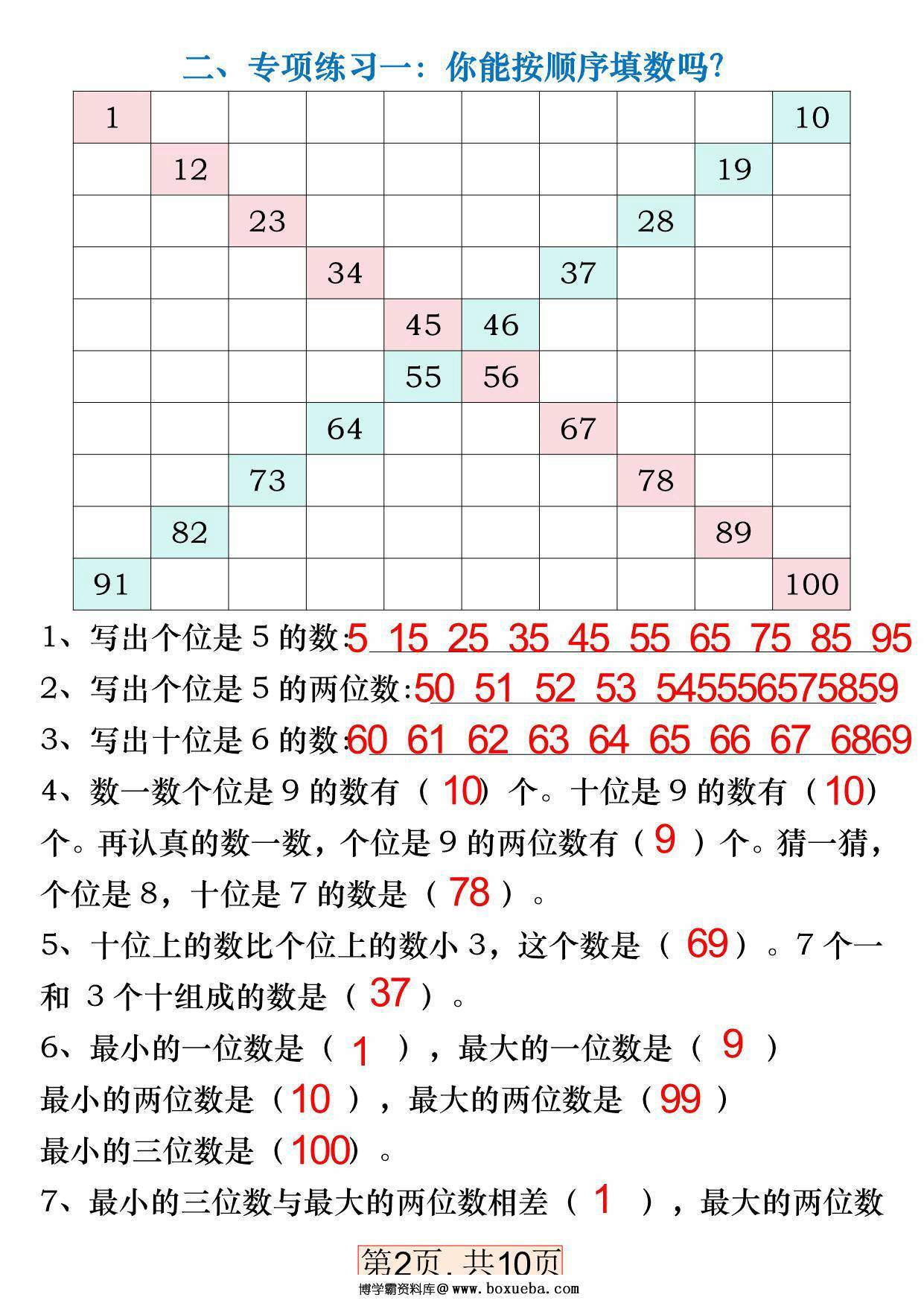 图片[3]-一年级数学下册《百数表》易错专项练习，20页PDF电子版-淘学学资料库