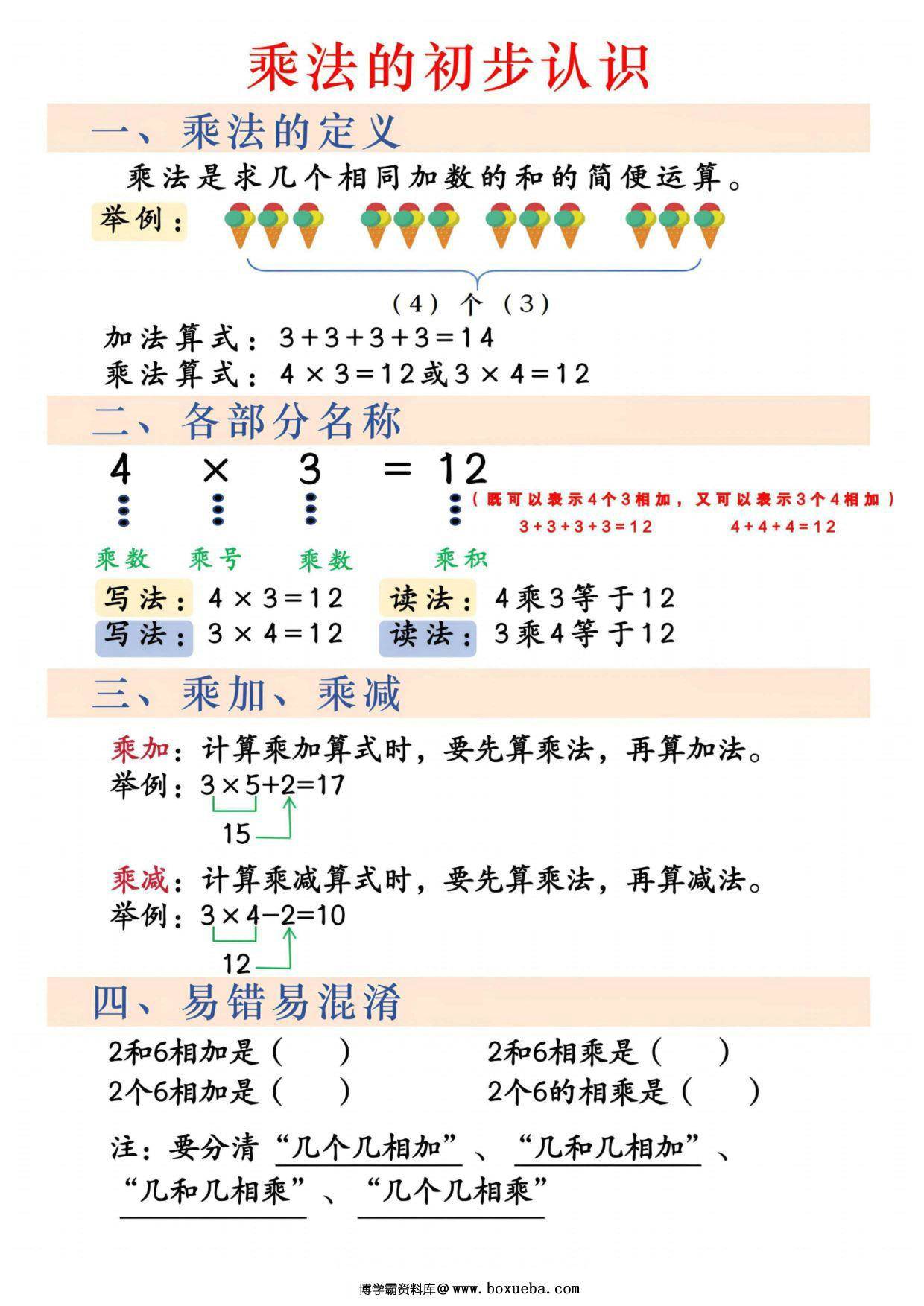 二年级上册数学表内乘法专项练习，30页PDF电子版-博学霸资料网