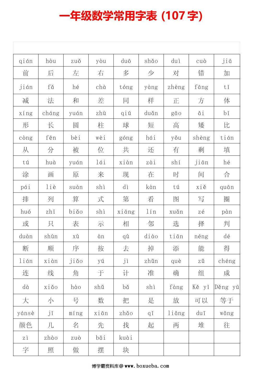 图片[2]-一年级数学题常用字合辑，2页PDF可打印-淘学学资料库