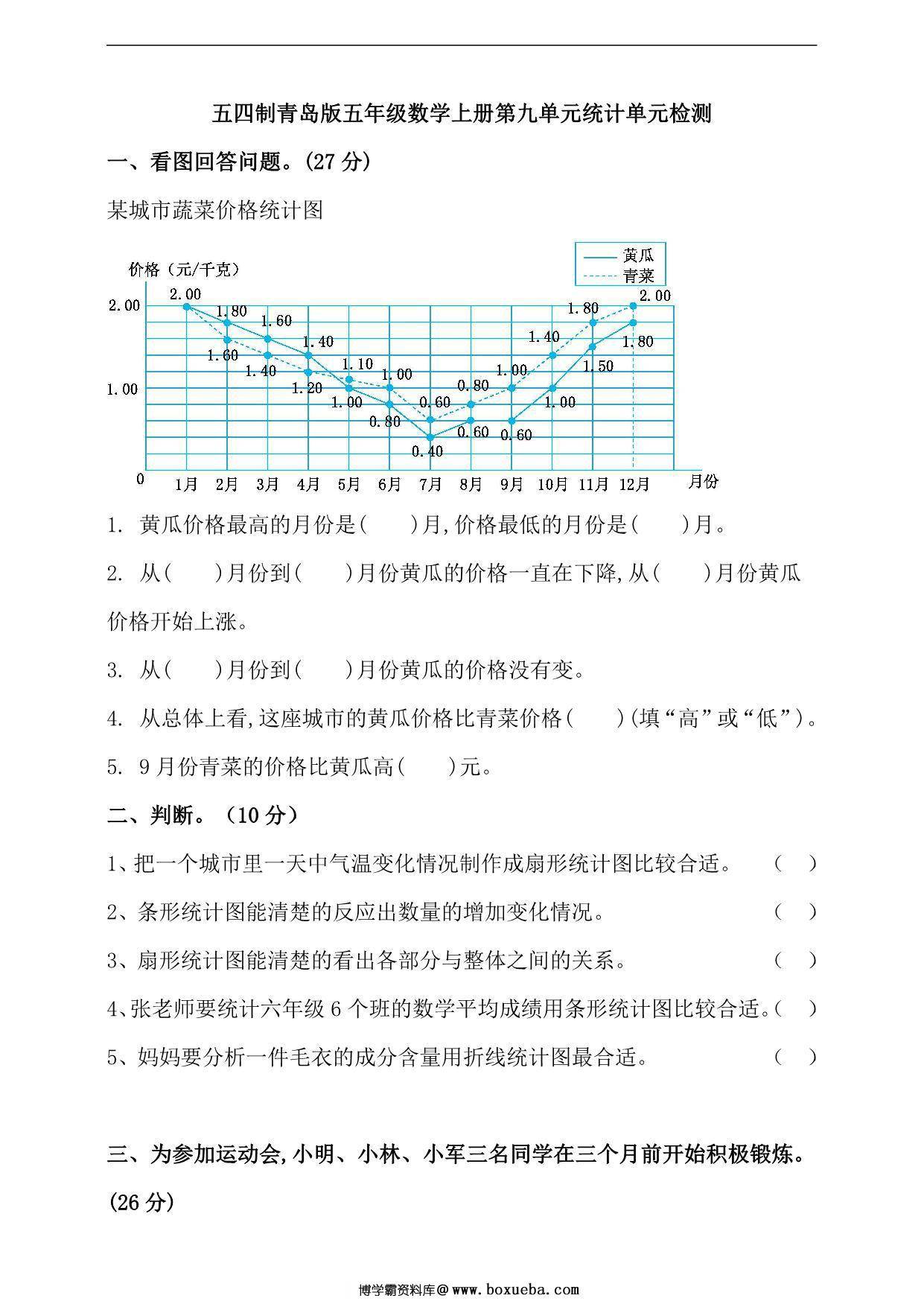 [合集9份] 五年级上册数学单元测试卷(版二)青岛版五四制（含答案）-博学霸资料网
