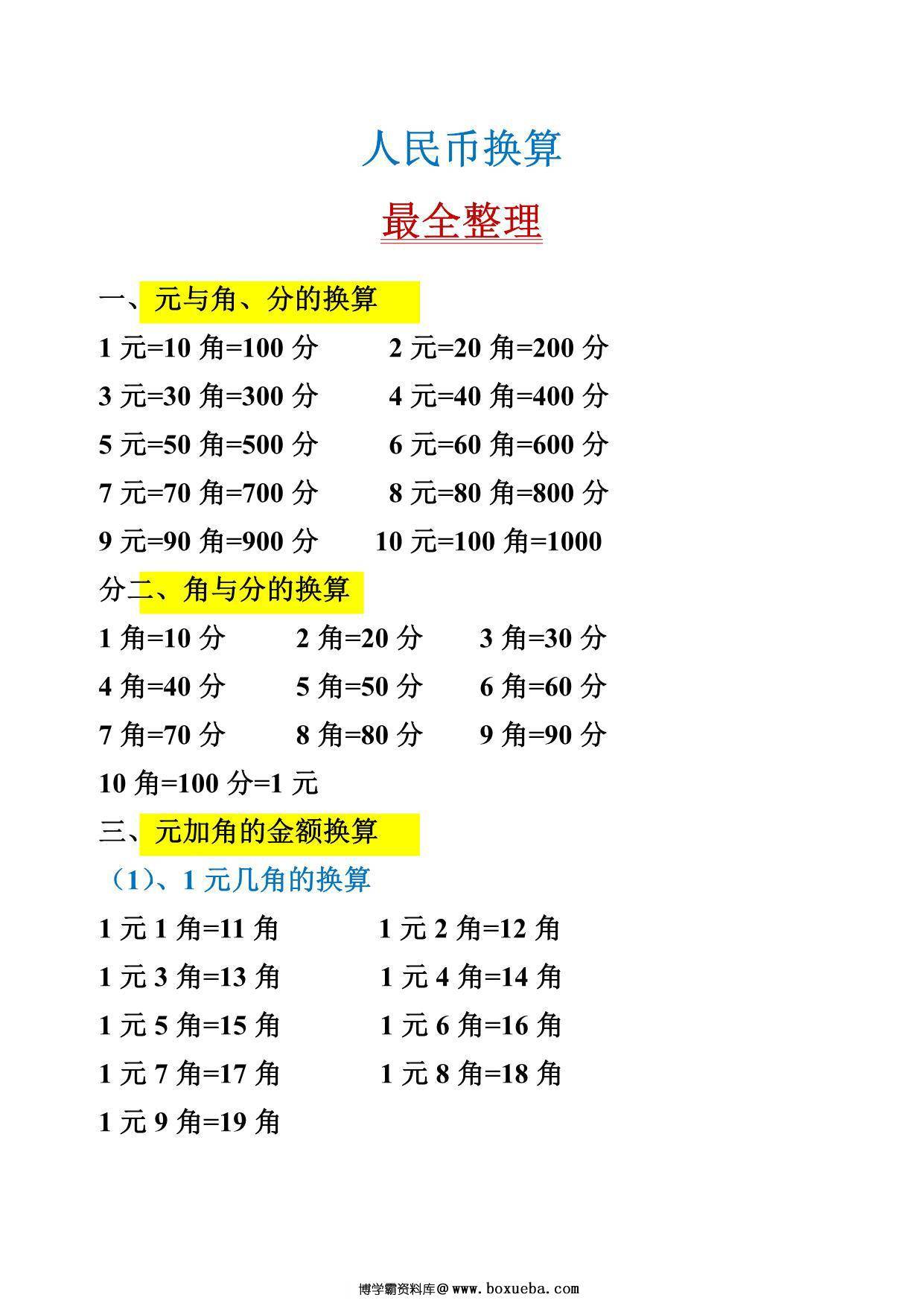 一年级下册数学-人民币换算最全整理 6页PDF-博学霸资料网
