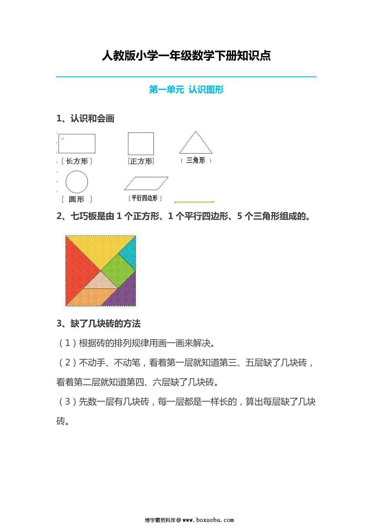人教版小学一年级数学下册知识点 13页PDF-博学霸资料网