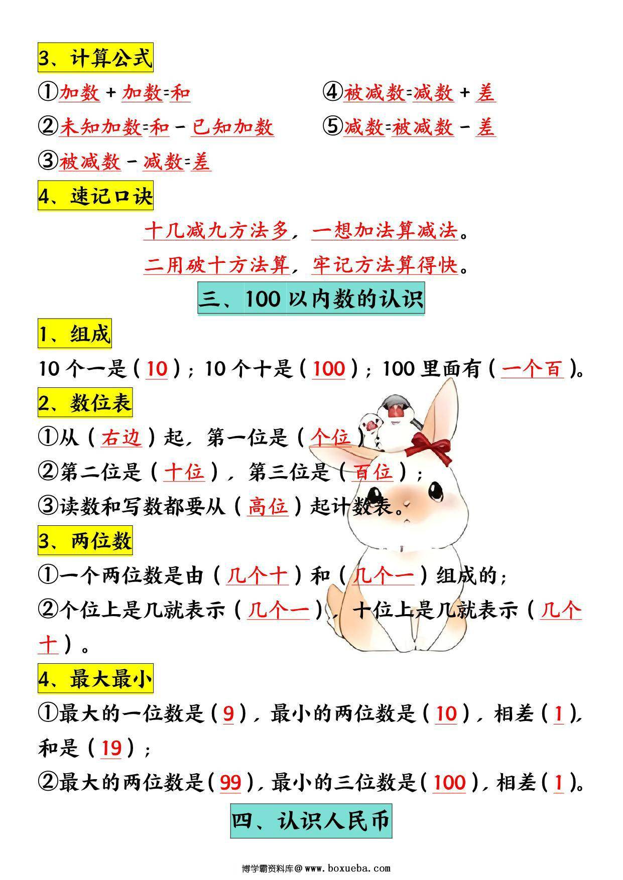 图片[2]-一年级下册数学重点必背知识汇总，8页PDF电子版-淘学学资料库
