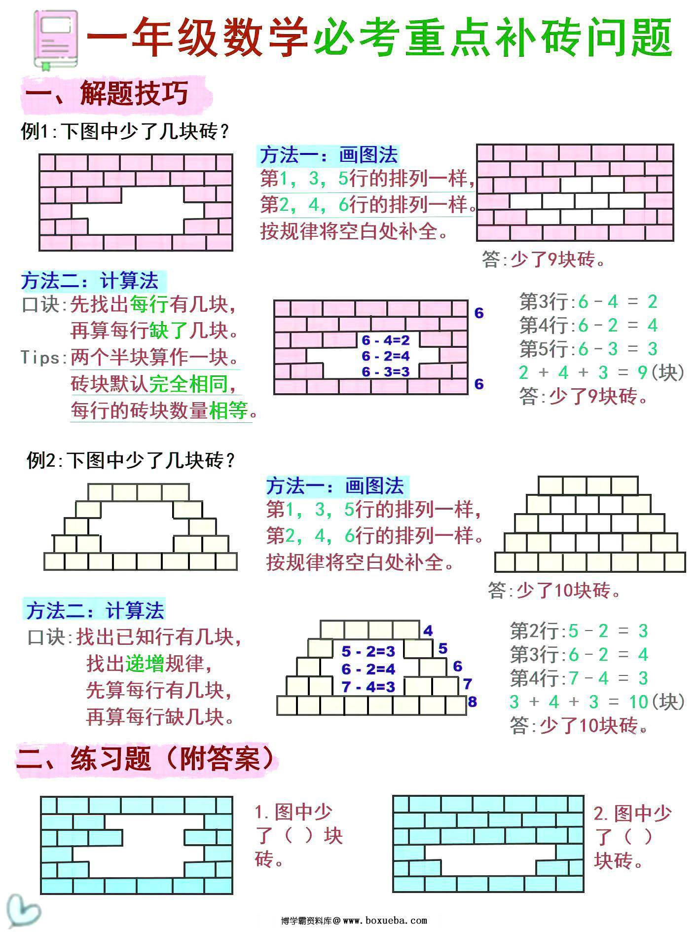 一年级数学《补砖补墙》讲解+习题，2页PDF电子版-博学霸资料网