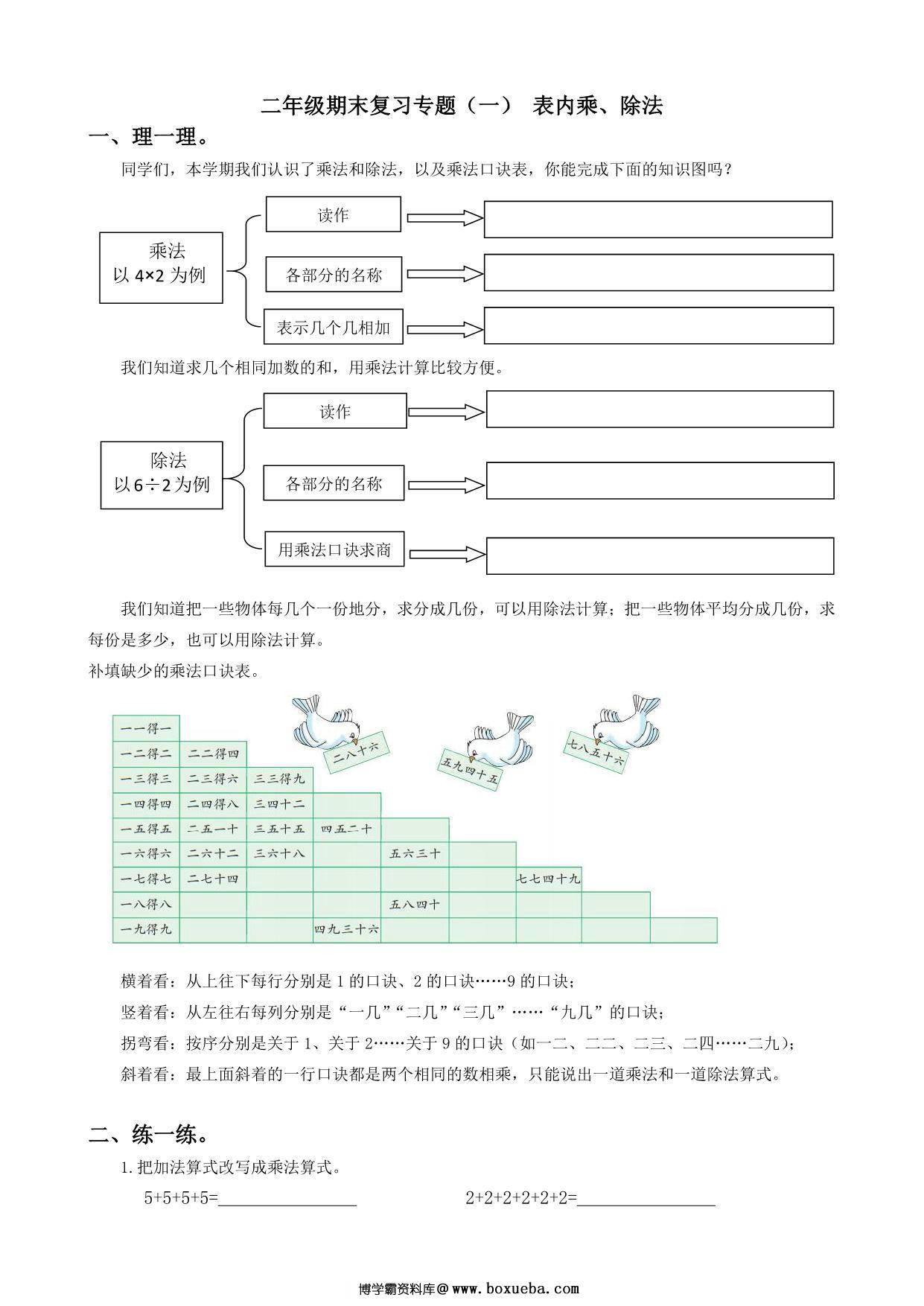 二年级数学上册期末复习专题，11页PDF电子版-博学霸资料网