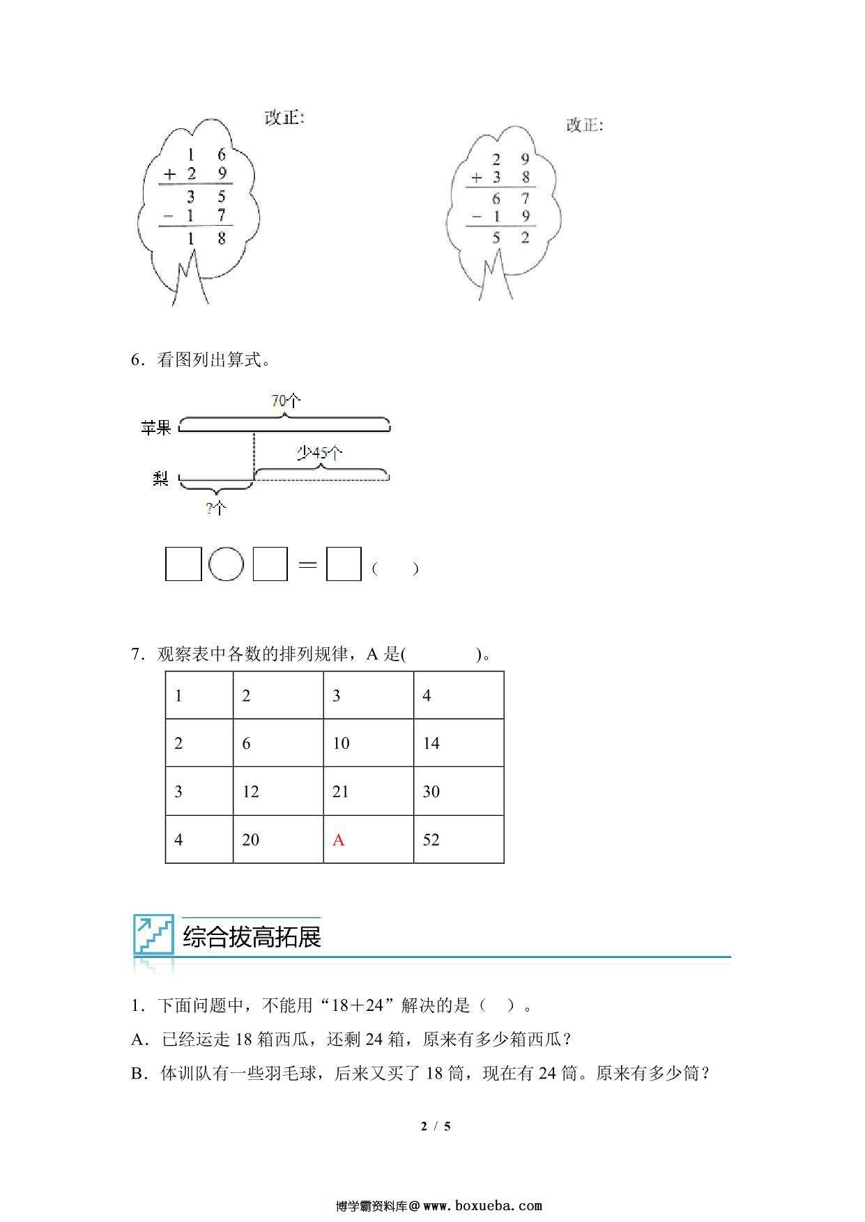 图片[2]-专题02：100 以内加减法及应用-二年级数学专项提升（人教版），5页PDF可打印-淘学学资料库