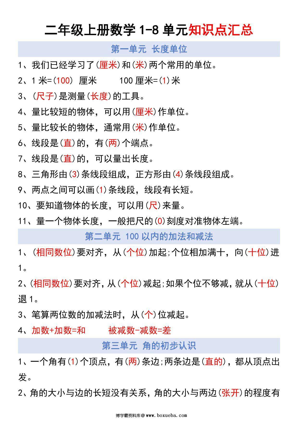 二年级上册数学1-8单元知识点汇总（人教版），4页PDF可打印-博学霸资料网