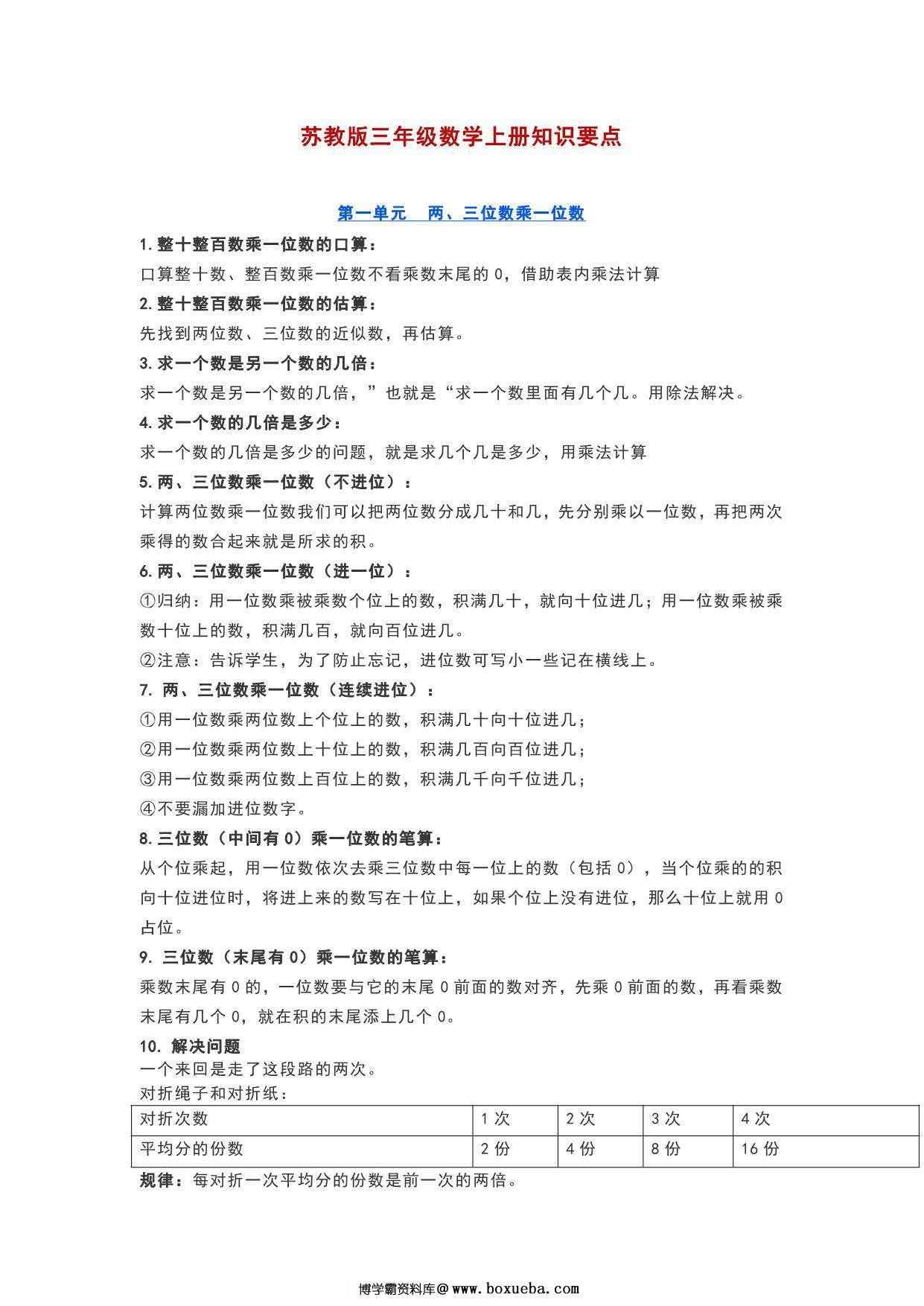 苏教版三年级数学上册知识要点，5页PDF可打印-博学霸资料网