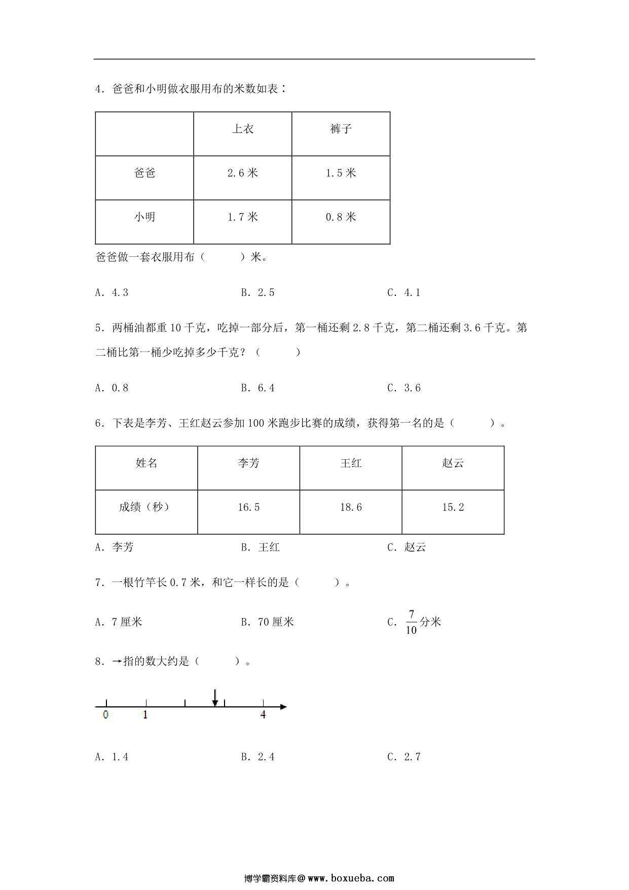 图片[2]-第八单元 小数的初步认识 – 三年级数学下册易错点汇总及优选易错题A卷（苏教版），9页PDF电子版-淘学学资料库