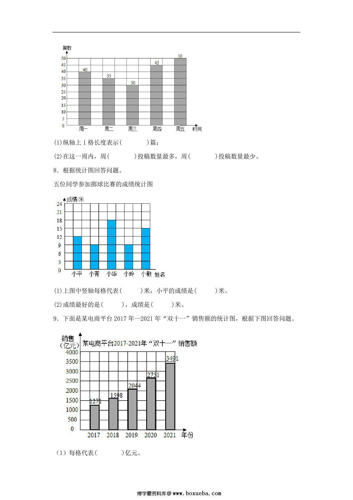 图片[3]-7.2 1格表示多个单位的条形统计图 – 四年级上册数学同步课时练 （人教版），12页PDF可打印-淘学学资料库