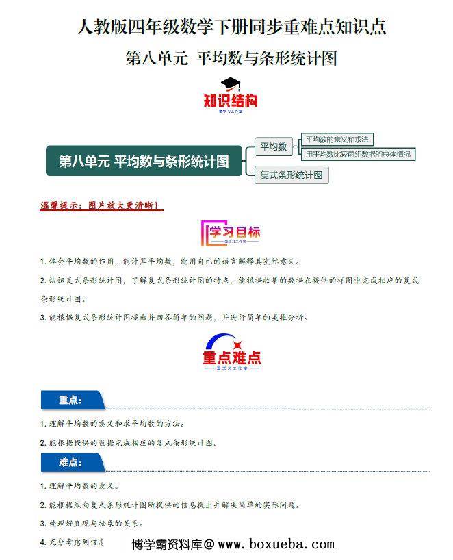 第八单元 平均数与条形统计图（同步讲练）- 四年级数学下册同步重难点知识点（人教版），27页PDF电子版-博学霸资料网