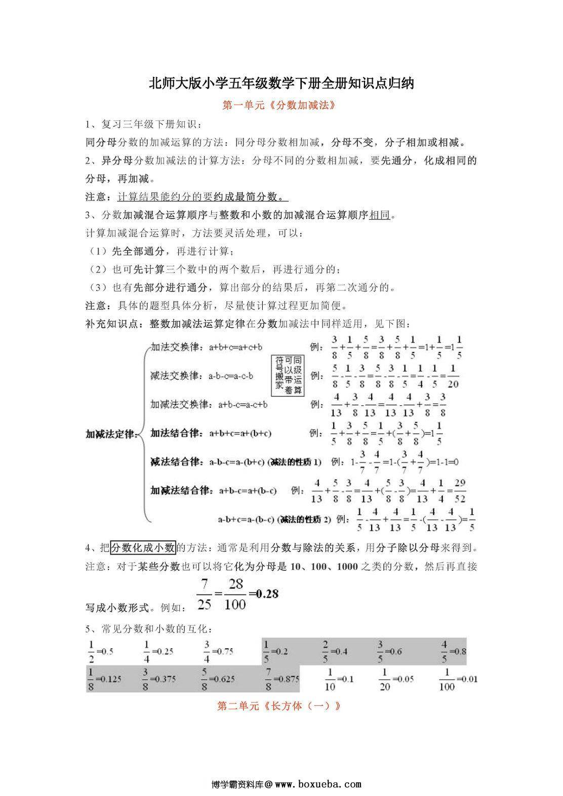 北师大版小学五年级数学下册全册知识点归纳-博学霸资料网