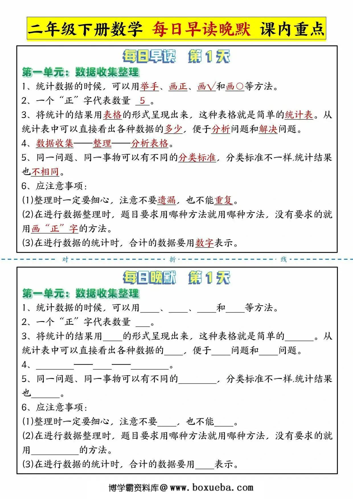 人教版二年级下册数学重点知识点每日晨读晚默，14页PDF可打印-博学霸资料网