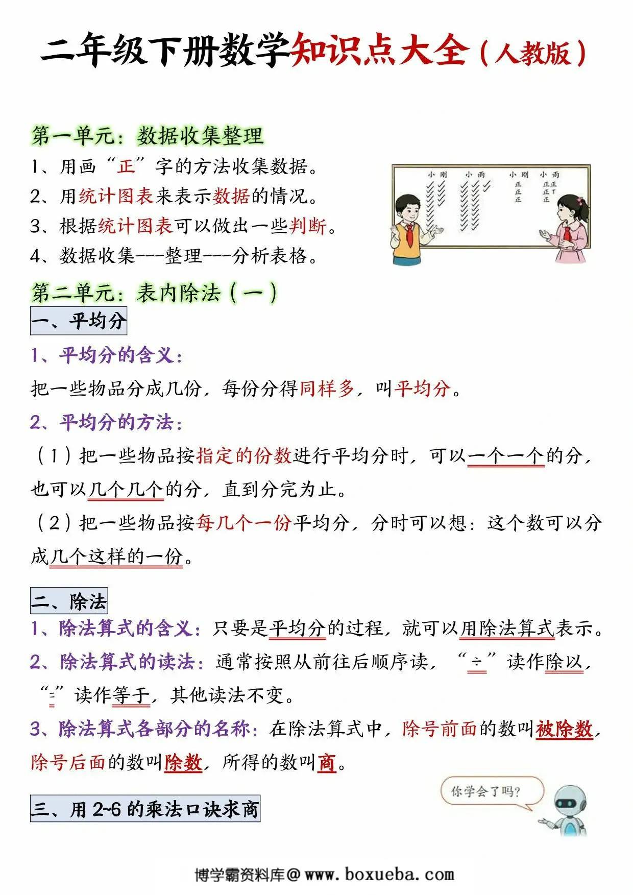 人教版二年级下册数学知识点大全1-8单元必背知识点汇总，6页PDF电子版-博学霸资料网