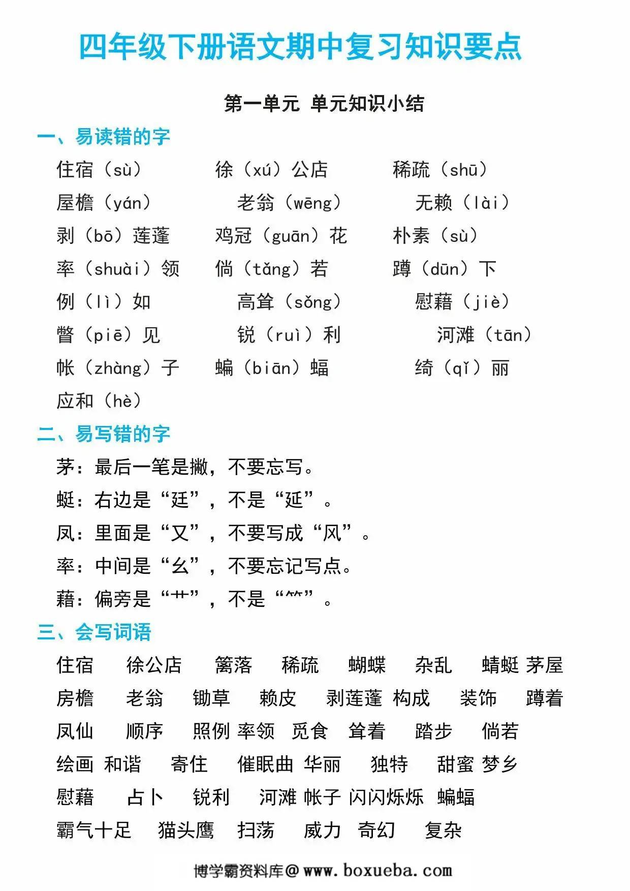 四年级下册语文期中复习知识要点，19页PDF可打印-博学霸资料网