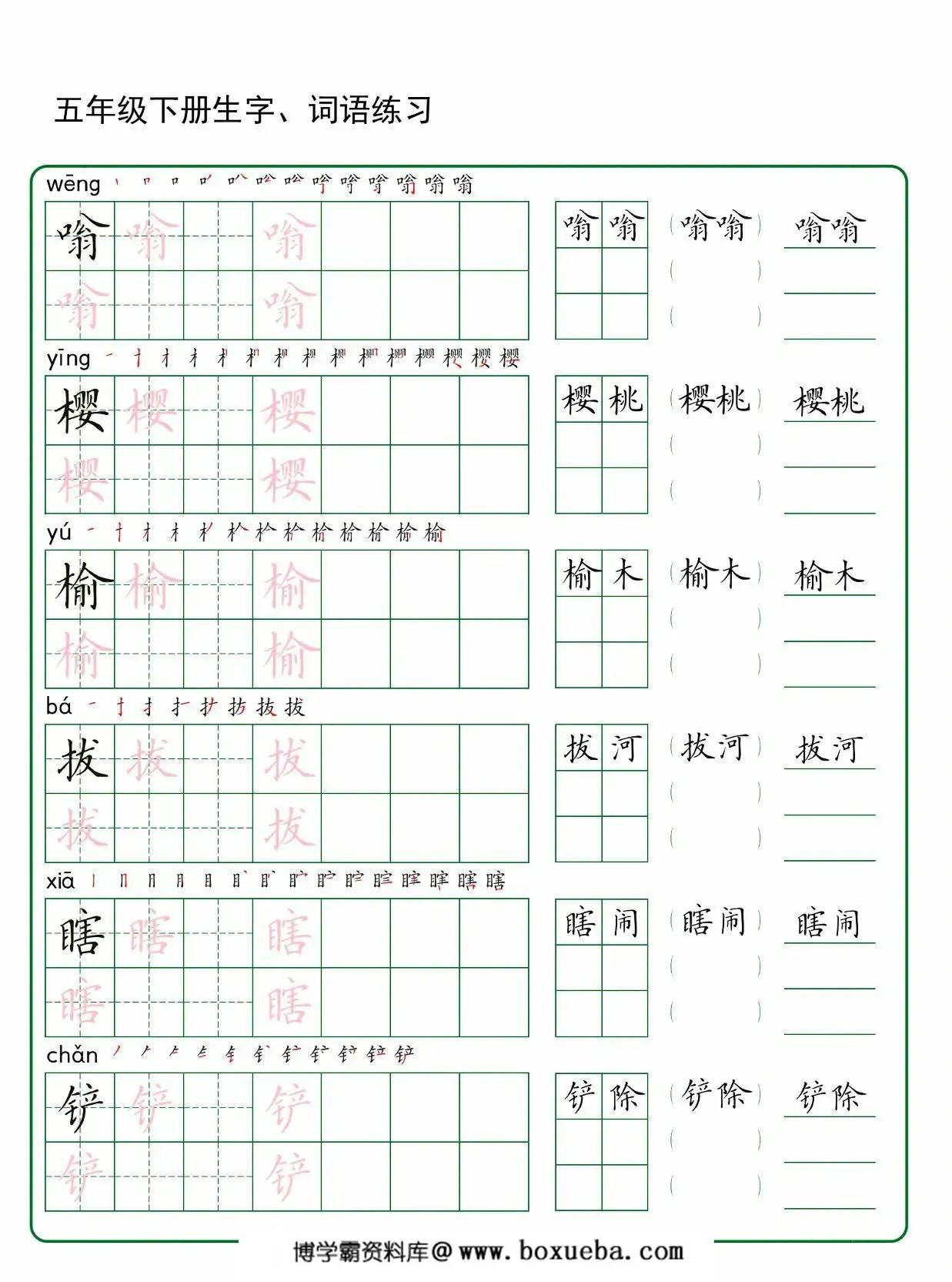 图片[2]-五年级下册语文生字词语练字，30页PDF电子版-淘学学资料库