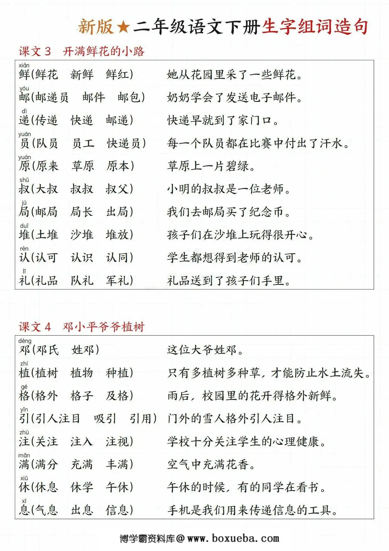 图片[2]-二人年纪语文下册一类字生字组词造句，15页PDF可打印-淘学学资料库